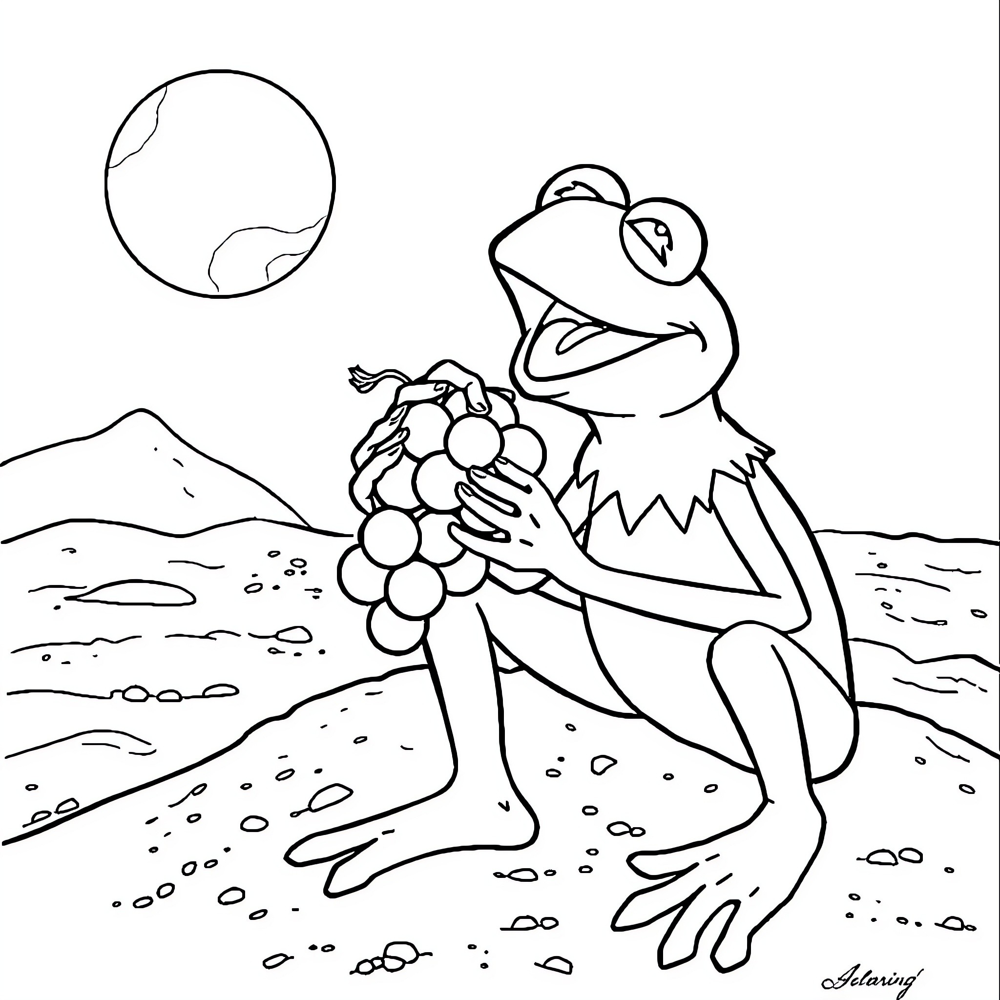 Kermit the Frog collecting flowers in nature Coloring Page (free black-and-white line drawing printable PDF for all, from beginners to advanced learners, including children, teens, adults, and seniors)