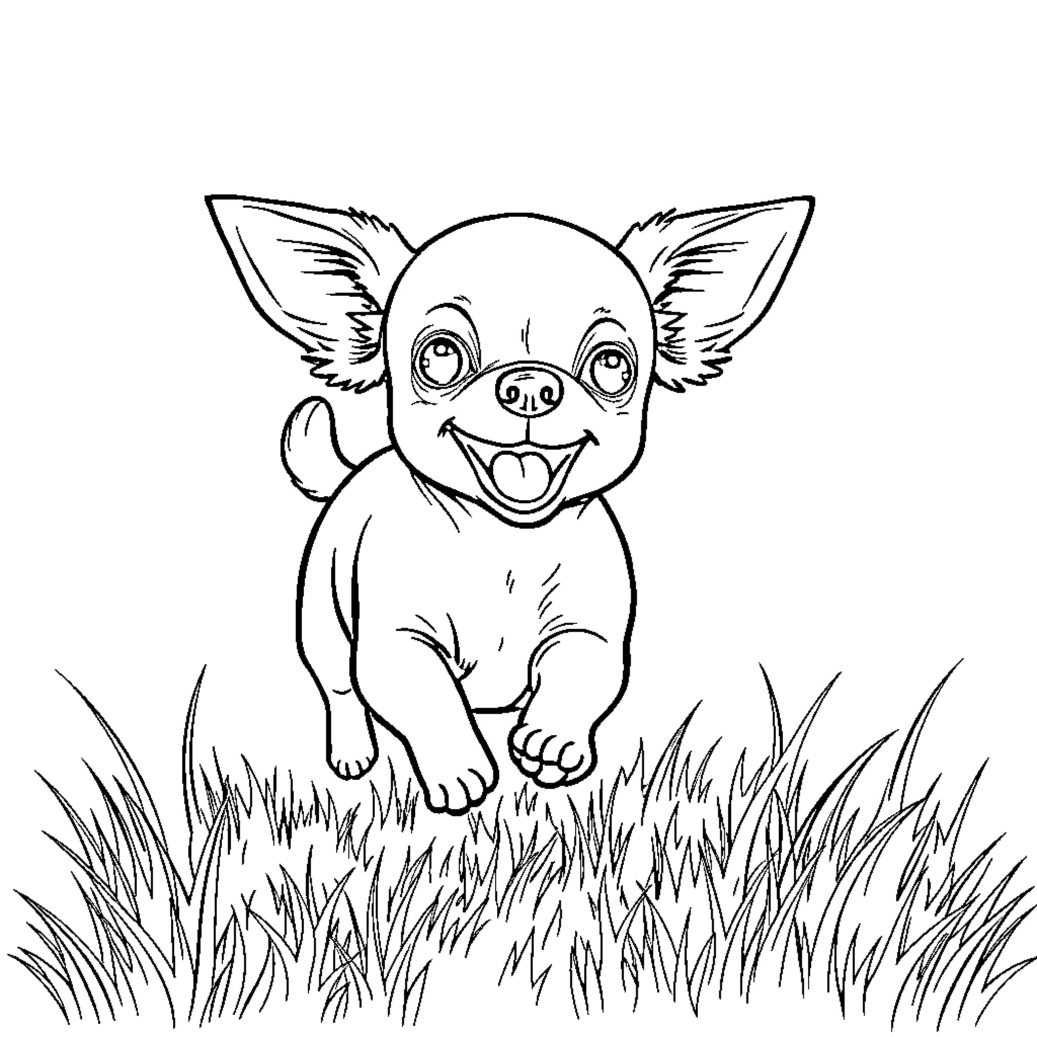 Chihuahua playing happily in the grass Coloring Page (free black-and-white line drawing printable PDF for all, from beginners to advanced learners, including children, teens, adults, and seniors)