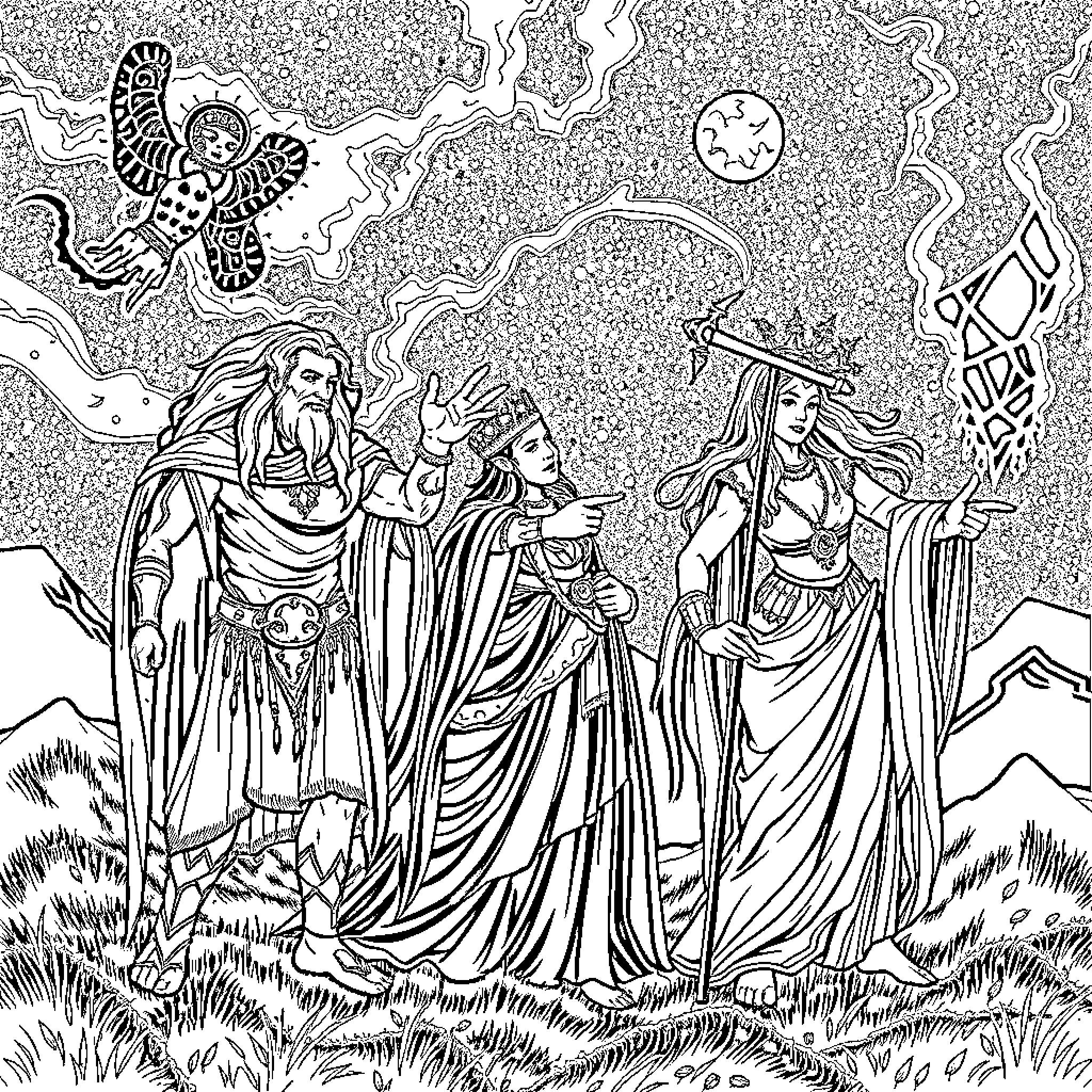 Tuatha de Danann: Mythical Figures in Ethereal Landscape Coloring Page (free black-and-white line drawing printable PDF for all, from beginners to advanced learners, including children, teens, adults, and seniors)