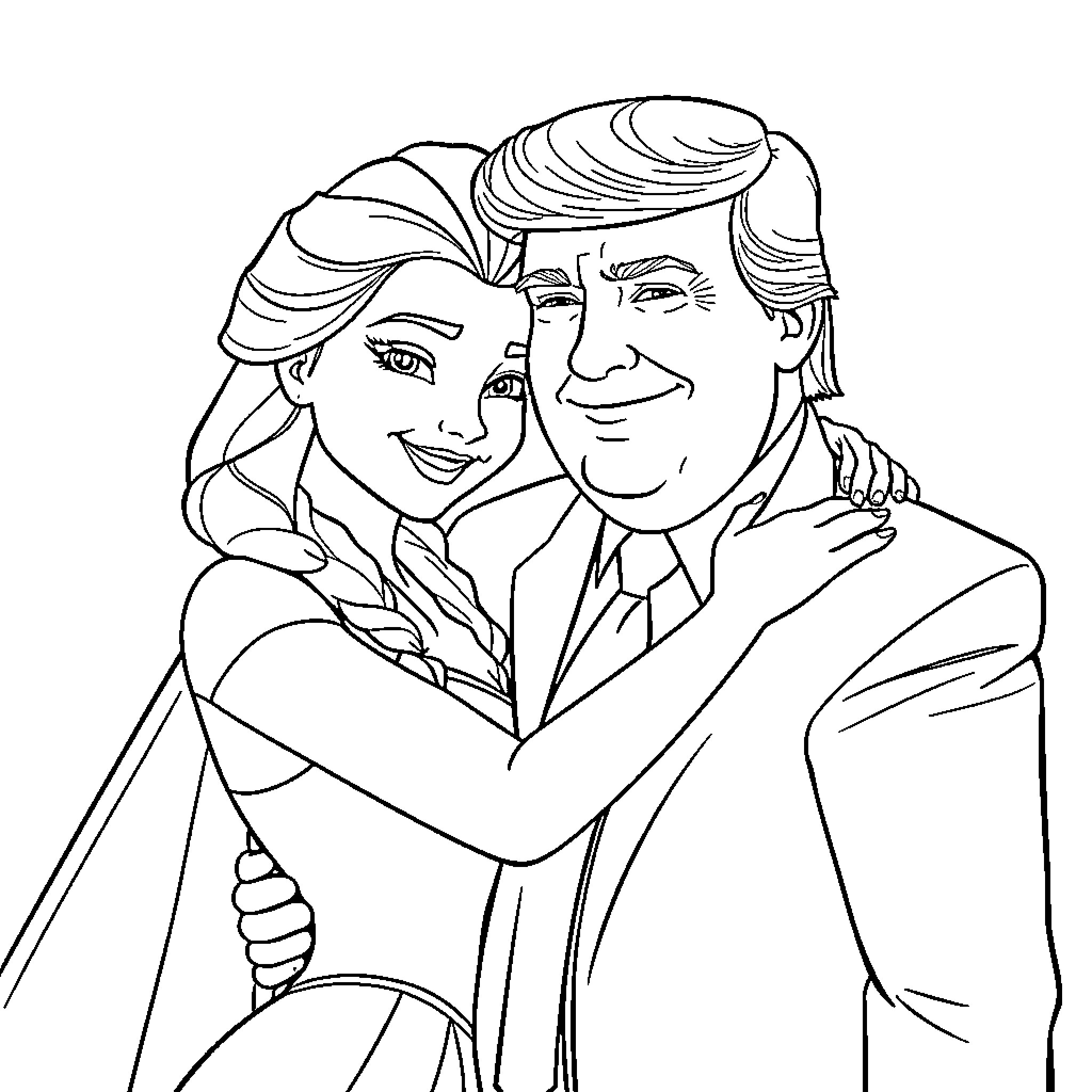 Queen Elsa and Prince Charming's joyful embrace Coloring Page (free black-and-white line drawing printable PDF for all, from beginners to advanced learners, including children, teens, adults, and seniors)