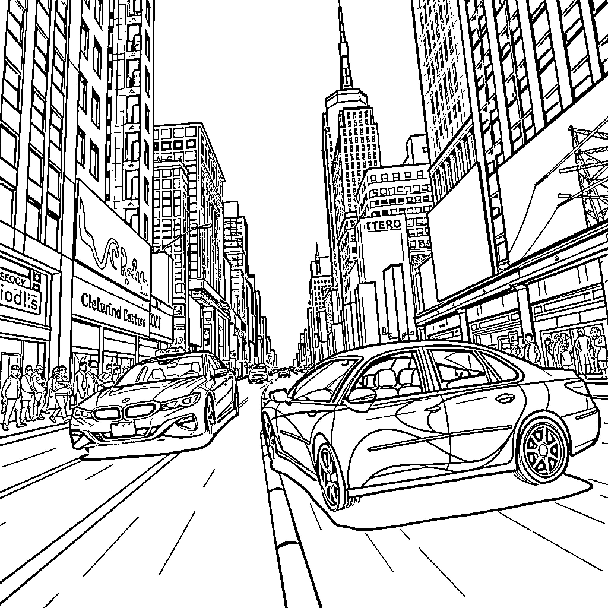 Car Scenes in Bustling City Streets Coloring Page (free black-and-white line drawing printable PDF for all, from beginners to advanced learners, including children, teens, adults, and seniors)