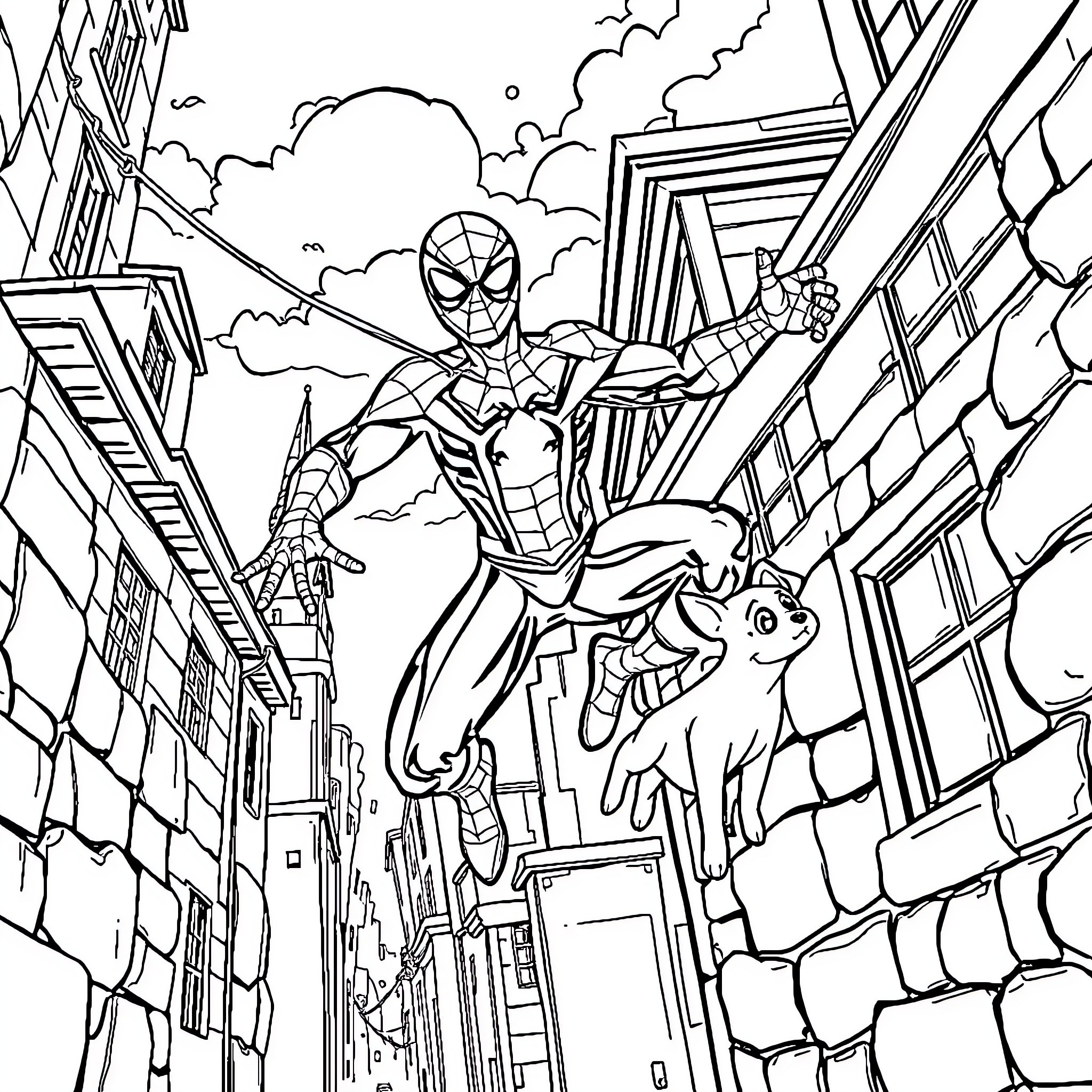 Homem-Aranha swinging through the city on a heroic mission Coloring Page (free black-and-white line drawing printable PDF for all, from beginners to advanced learners, including children, teens, adults, and seniors)
