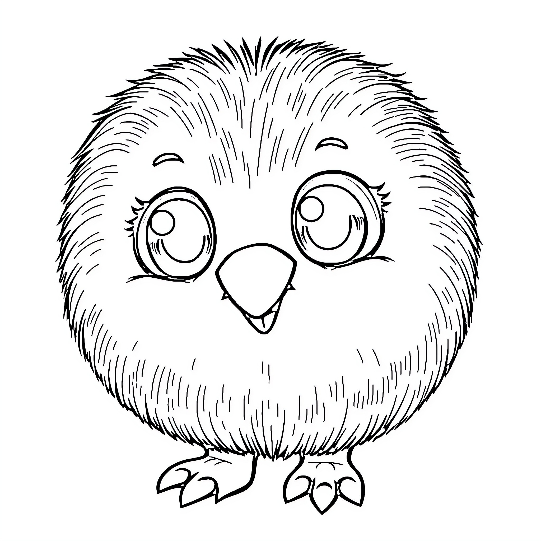 Kiwi chick with big eyes and fluffy feathers Coloring Page (free black-and-white line drawing printable PDF for all, from beginners to advanced learners, including children, teens, adults, and seniors)