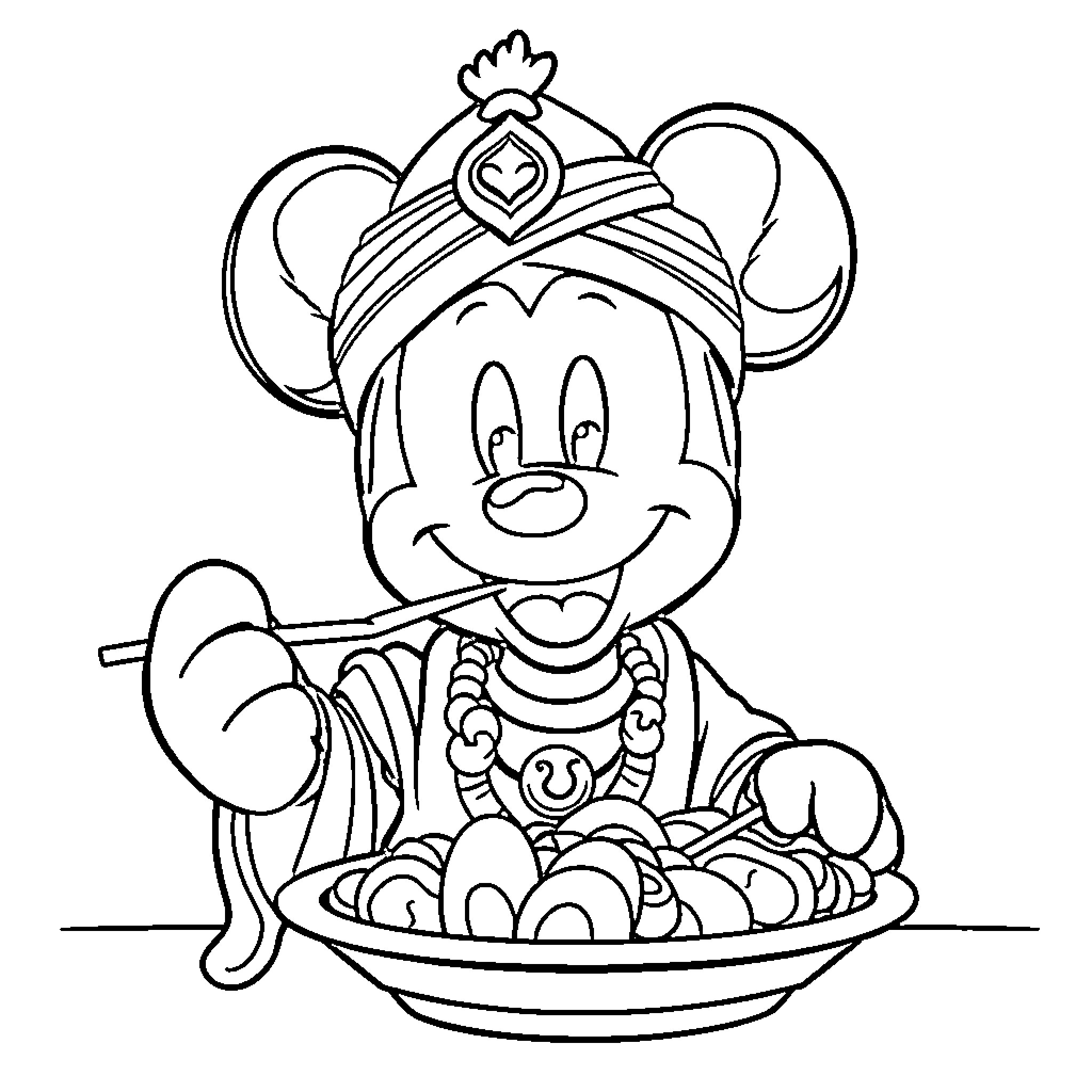 Mickey Mouse Serving Delicious Meal Coloring Page (free black-and-white line drawing printable PDF for all, from beginners to advanced learners, including children, teens, adults, and seniors)