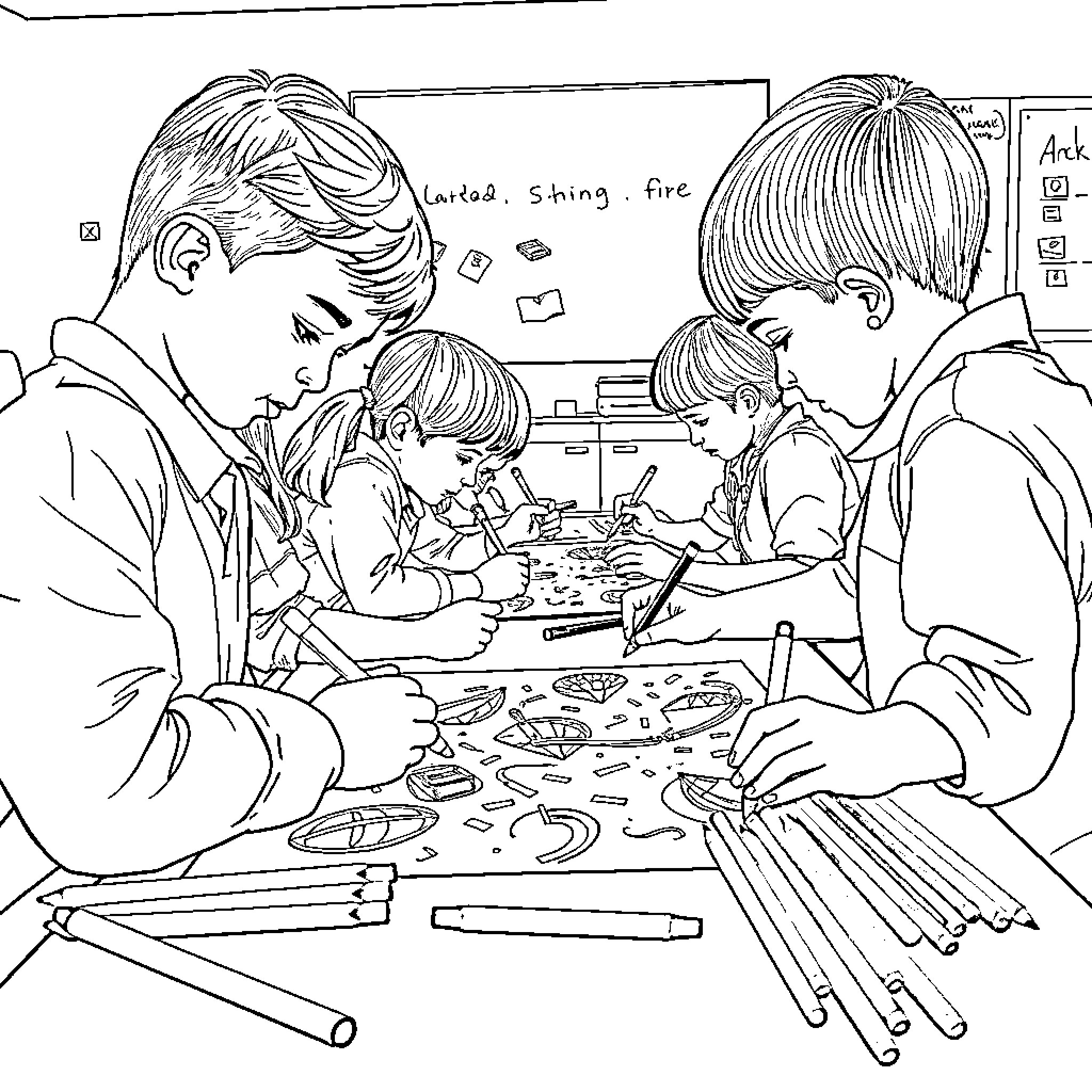 DT Tools - Students Engaged in Crafting Activity Coloring Page (free black-and-white line drawing printable PDF for all, from beginners to advanced learners, including children, teens, adults, and seniors)