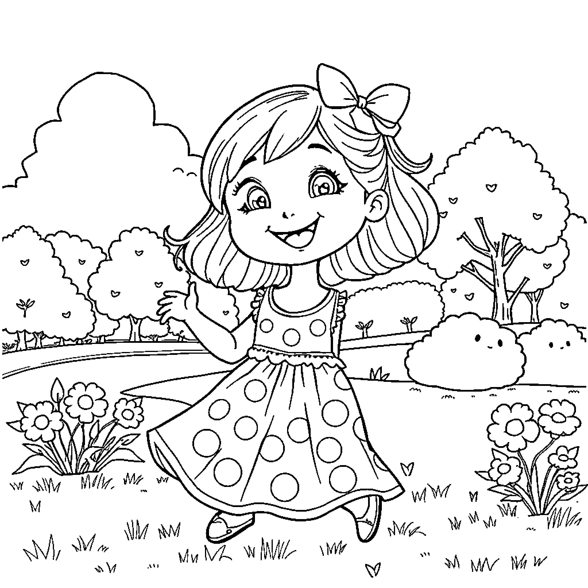 Zoey's Polka Dot Dress and Cheerful Stroll Coloring Page (free black-and-white line drawing printable PDF for all, from beginners to advanced learners, including children, teens, adults, and seniors)