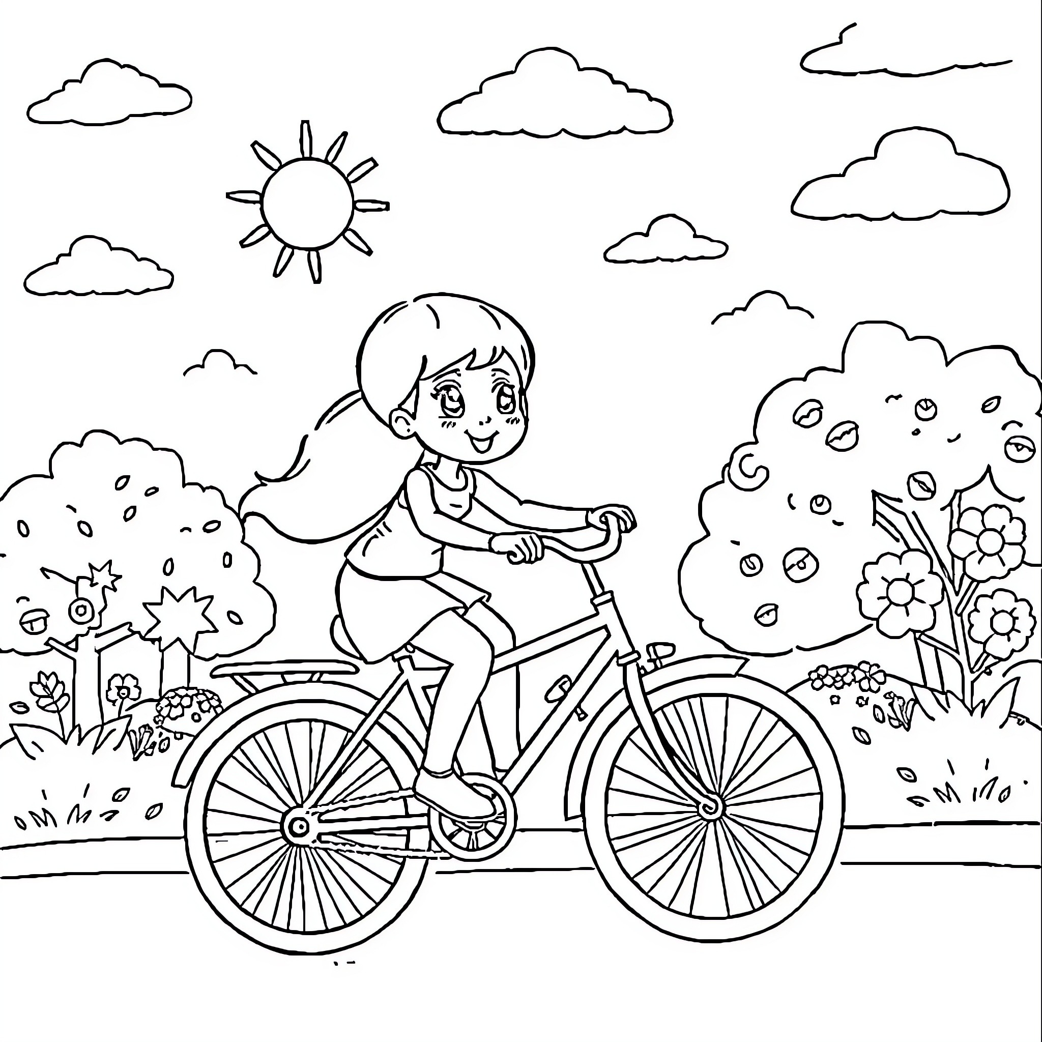 Boubou's Bicycle Adventure in the Countryside Coloring Page (free black-and-white line drawing printable PDF for all, from beginners to advanced learners, including children, teens, adults, and seniors)