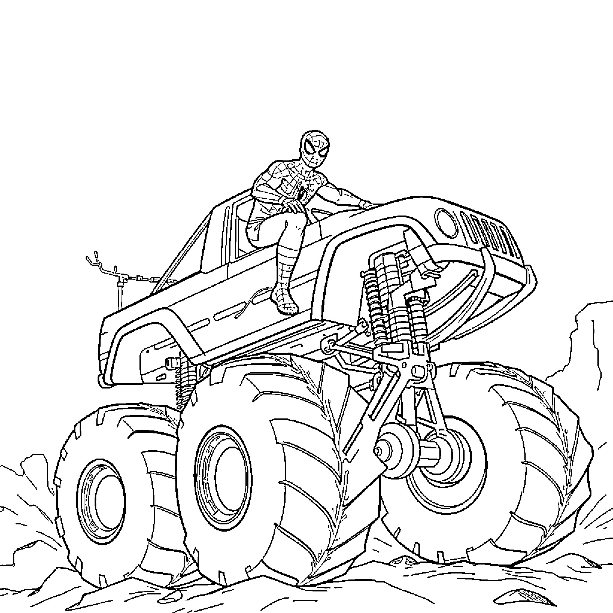 Spiderman riding a monster truck through rugged terrain Coloring Page (free black-and-white line drawing printable PDF for all, from beginners to advanced learners, including children, teens, adults, and seniors)