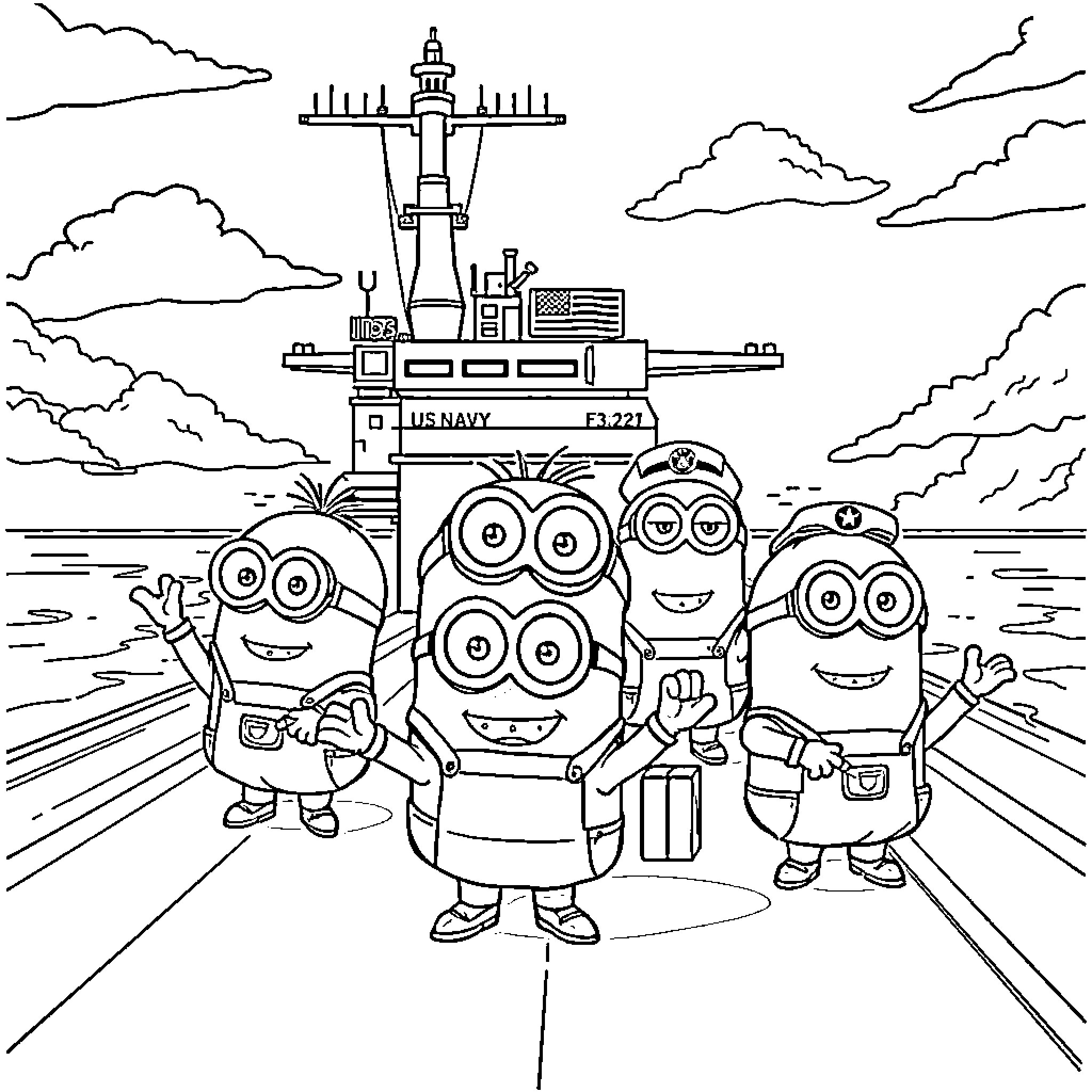 Minions aboard a naval vessel Coloring Page (free black-and-white line drawing printable PDF for all, from beginners to advanced learners, including children, teens, adults, and seniors)