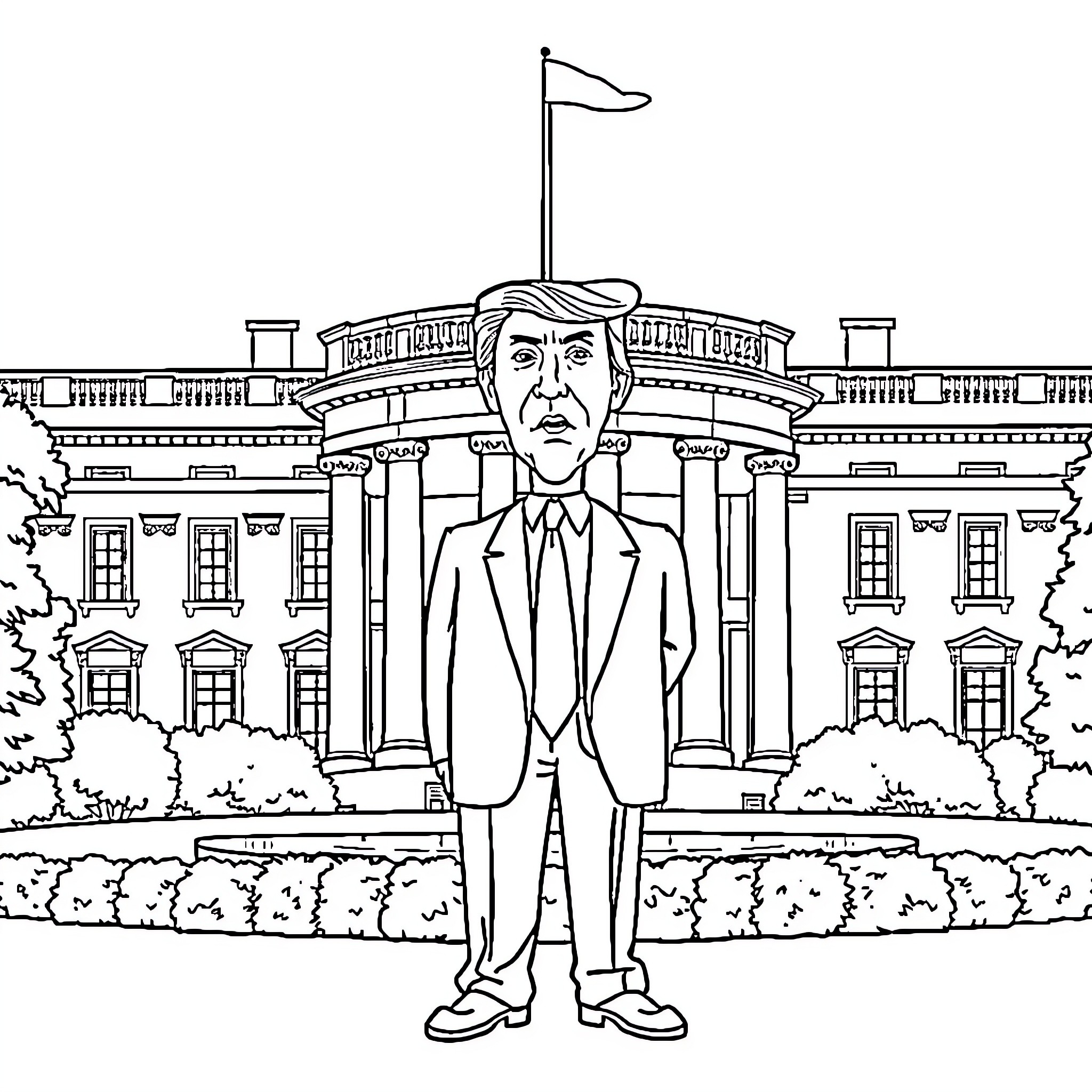 Donald Trump standing in front of the White House Coloring Page (free black-and-white line drawing printable PDF for all, from beginners to advanced learners, including children, teens, adults, and seniors)