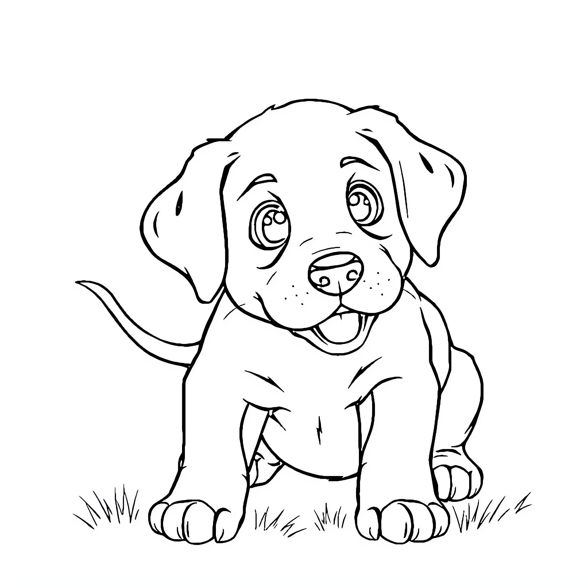 Puppy sitting happily on the grass Coloring Page (free black-and-white line drawing printable PDF for all, from beginners to advanced learners, including children, teens, adults, and seniors)
