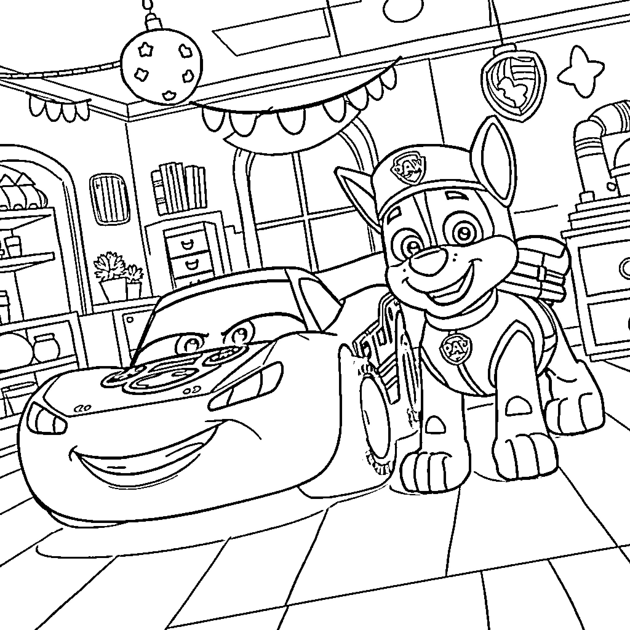 Car characters having fun in decorated room Coloring Page (free black-and-white line drawing printable PDF for all, from beginners to advanced learners, including children, teens, adults, and seniors)