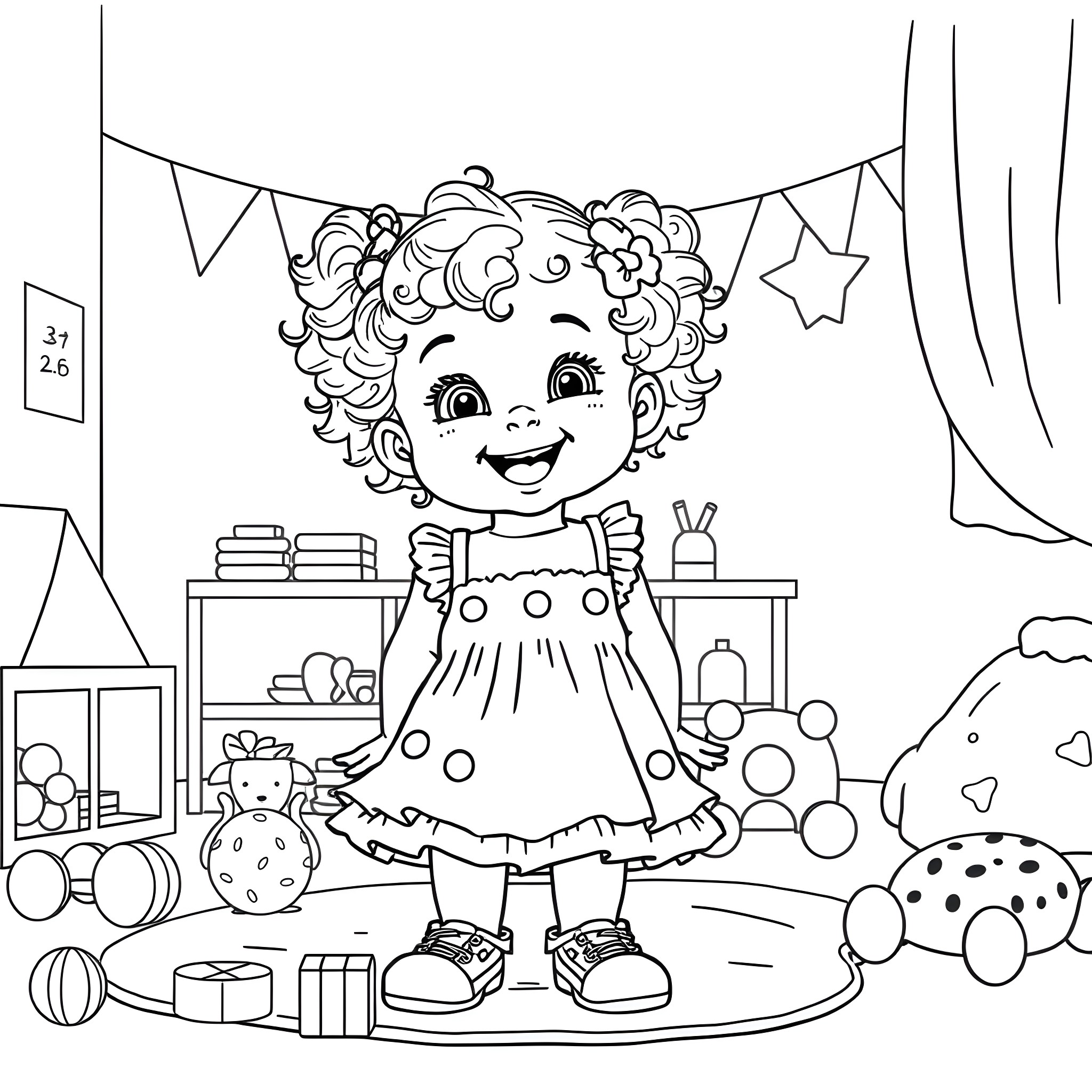 Girl playing happily with toys in a playroom Coloring Page (free black-and-white line drawing printable PDF for all, from beginners to advanced learners, including children, teens, adults, and seniors)