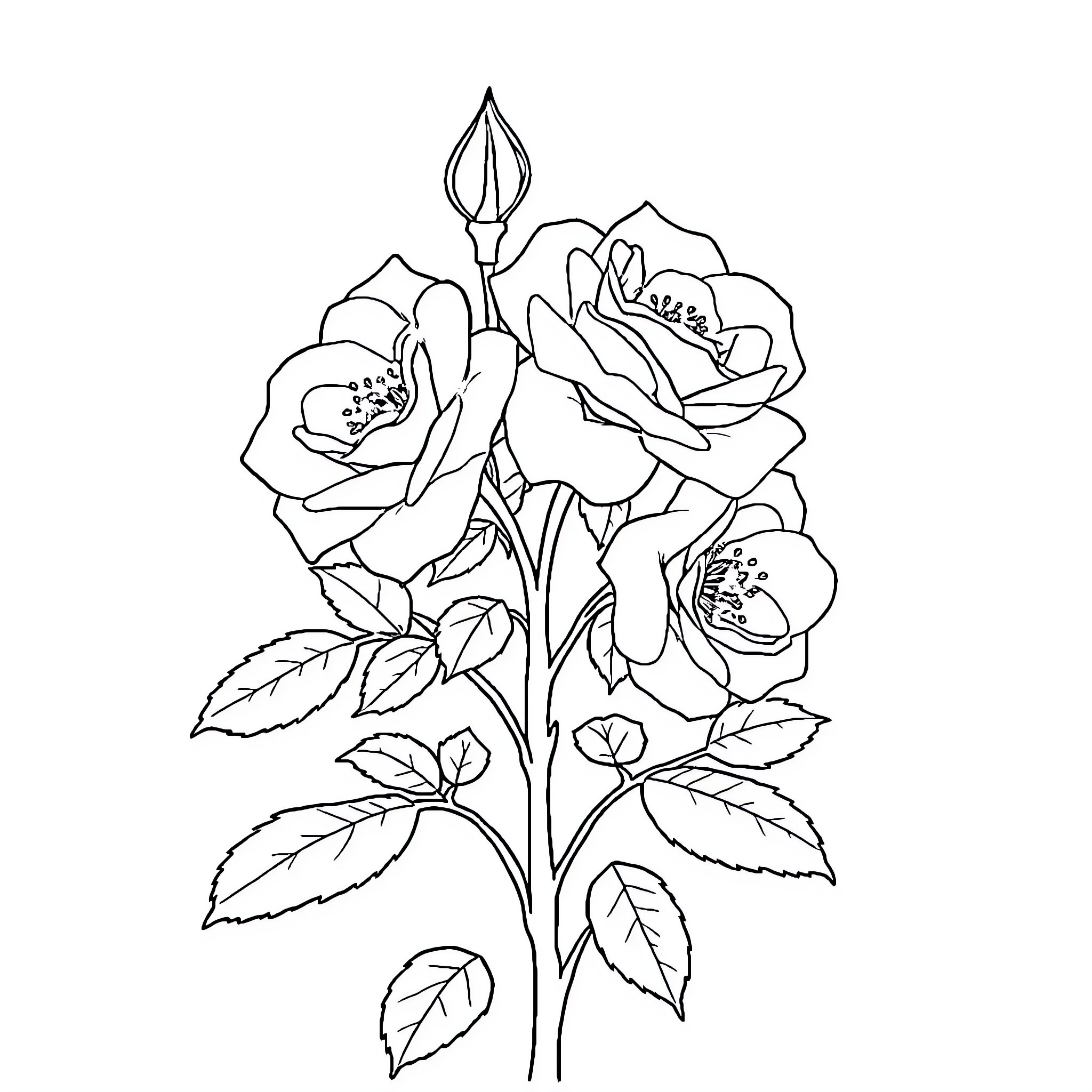 Rose Bouquet Blooming with Vibrant Flowers Coloring Page (free black-and-white line drawing printable PDF for all, from beginners to advanced learners, including children, teens, adults, and seniors)