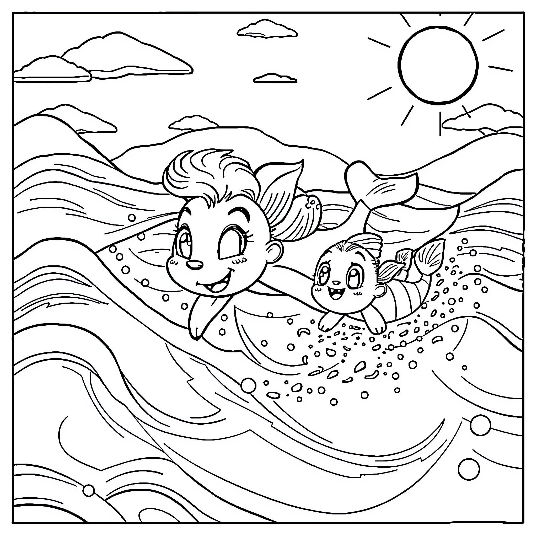 Bluey's underwater adventure with friends Coloring Page (free black-and-white line drawing printable PDF for all, from beginners to advanced learners, including children, teens, adults, and seniors)