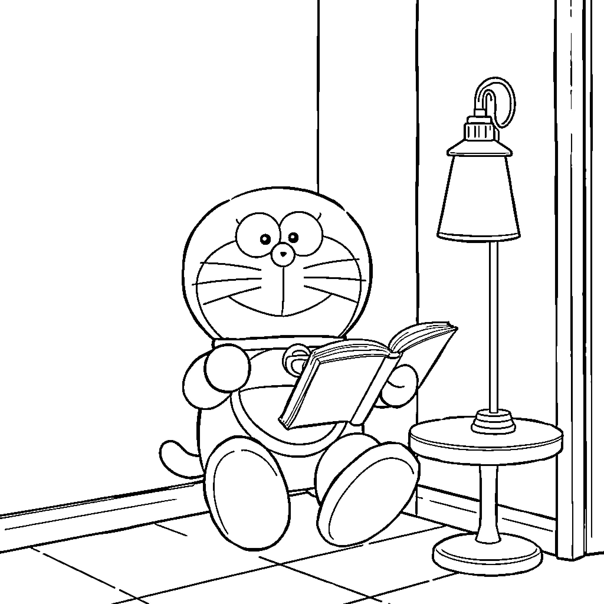 Doraemon reading a book under the lamp Coloring Page (free black-and-white line drawing printable PDF for all, from beginners to advanced learners, including children, teens, adults, and seniors)