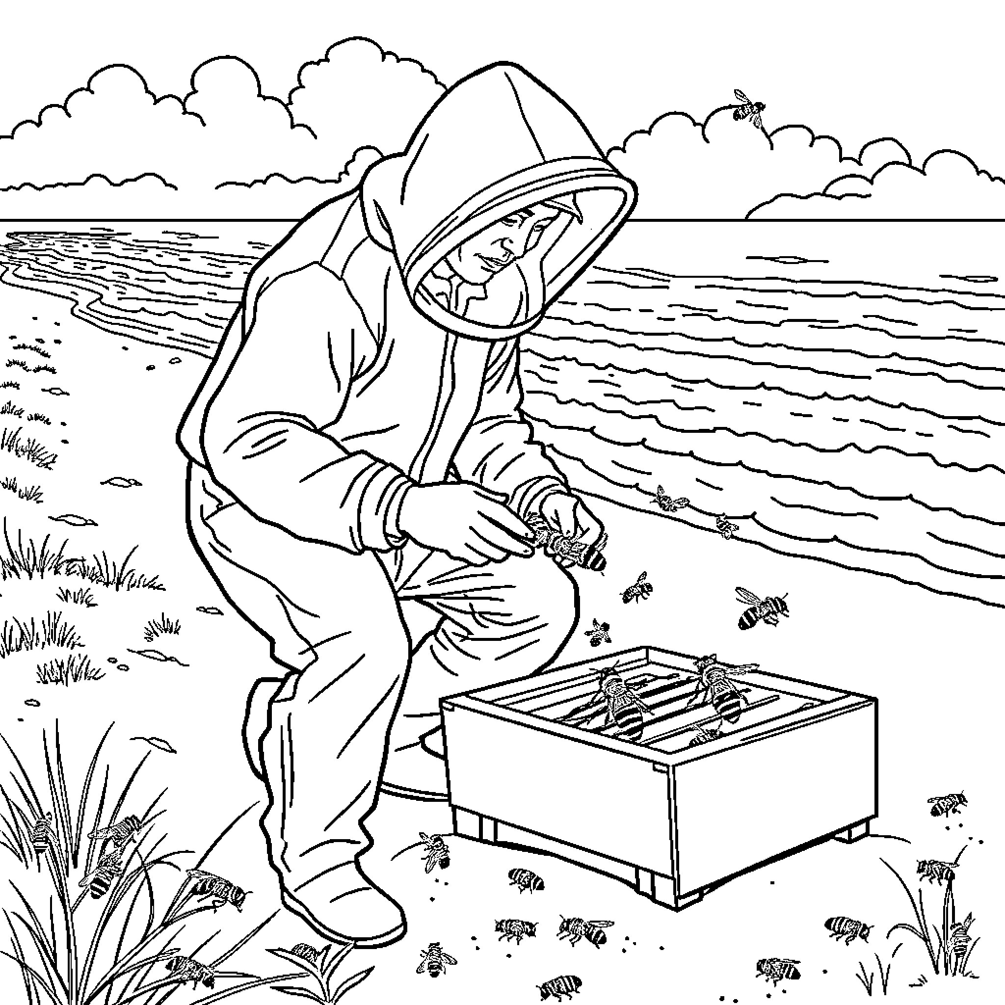 Beekeeper tending to beehives near the ocean Coloring Page (free black-and-white line drawing printable PDF for all, from beginners to advanced learners, including children, teens, adults, and seniors)