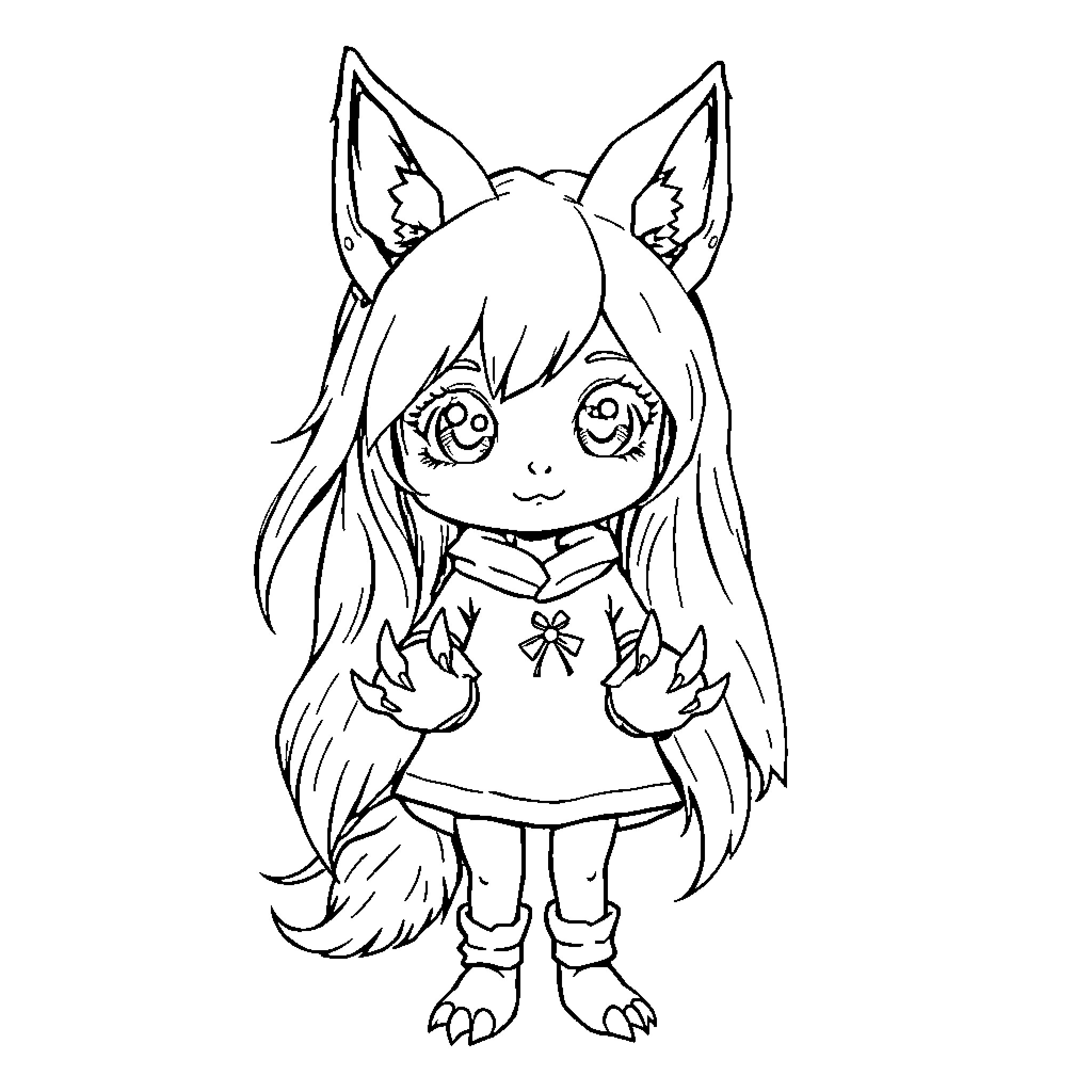 Girl with cat ears and flower outfit Coloring Page (free black-and-white line drawing printable PDF for all, from beginners to advanced learners, including children, teens, adults, and seniors)