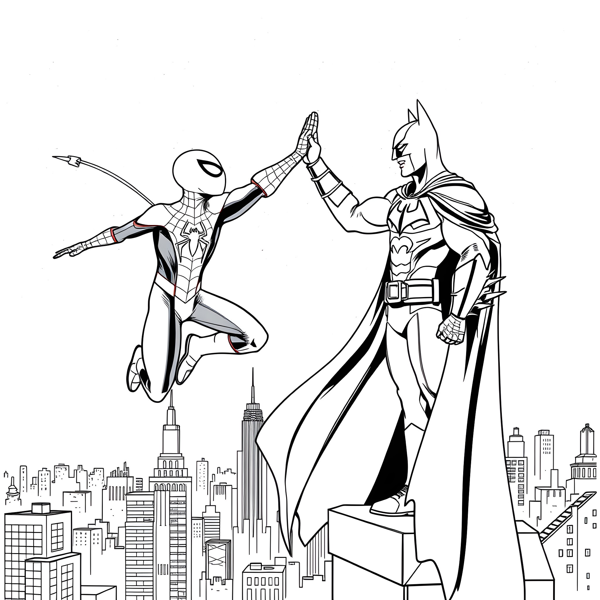 Spiderman and Batman high-fiving over a city skyline Coloring Page (free black-and-white line drawing printable PDF for all, from beginners to advanced learners, including children, teens, adults, and seniors)