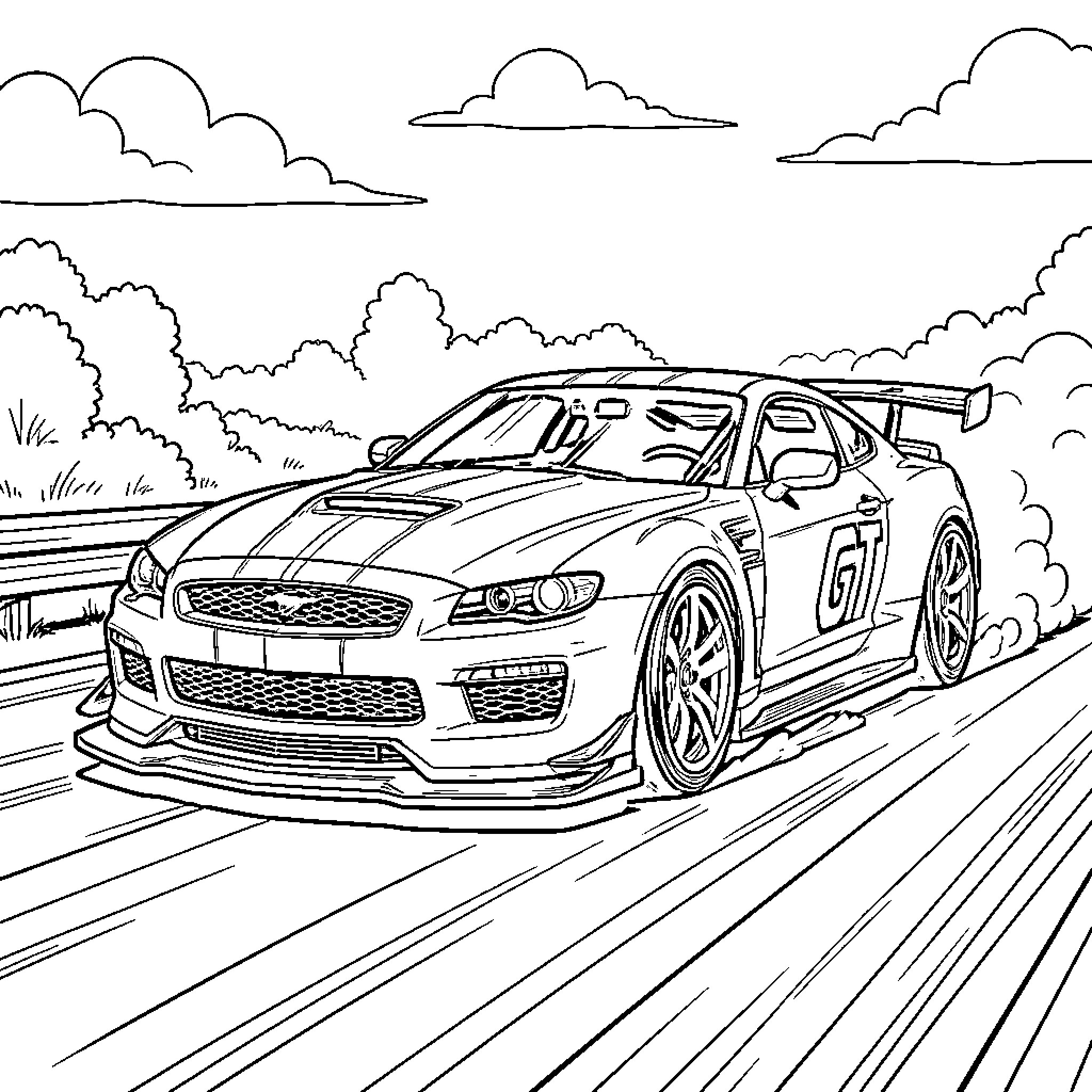 Gt racing car speeding along a scenic road Coloring Page (free black-and-white line drawing printable PDF for all, from beginners to advanced learners, including children, teens, adults, and seniors)