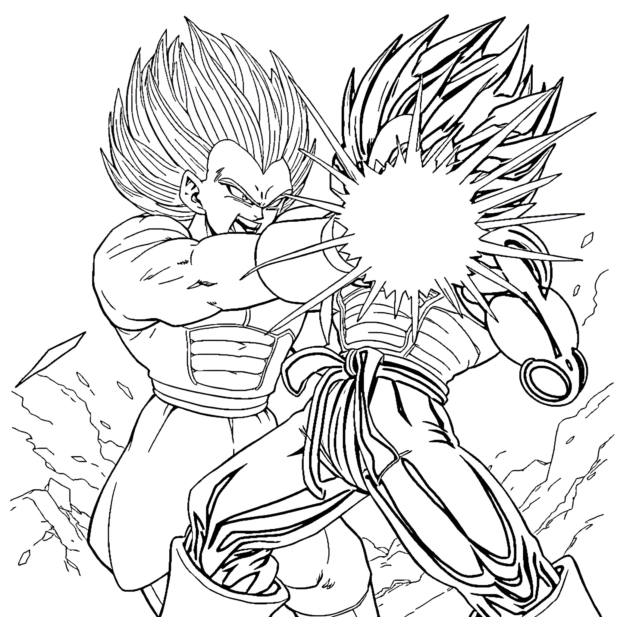 Vegeta's Intense Transformation and Energy Burst Coloring Page (free black-and-white line drawing printable PDF for all, from beginners to advanced learners, including children, teens, adults, and seniors)