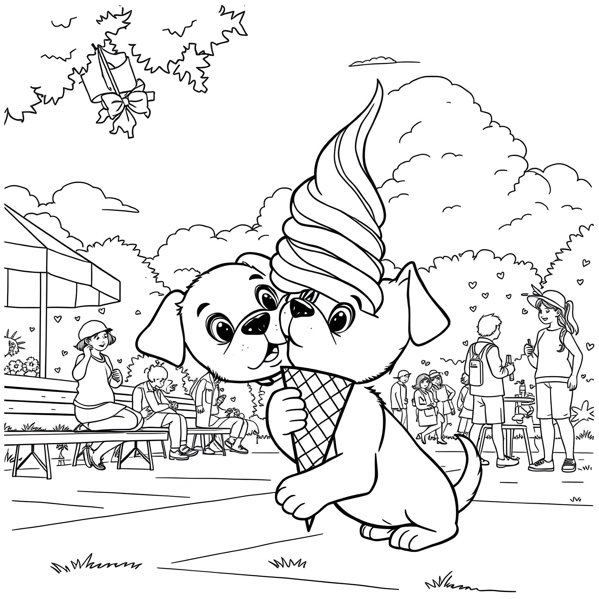 Puppy enjoying a delightful ice cream treat at the park Coloring Page (free black-and-white line drawing printable PDF for all, from beginners to advanced learners, including children, teens, adults, and seniors)