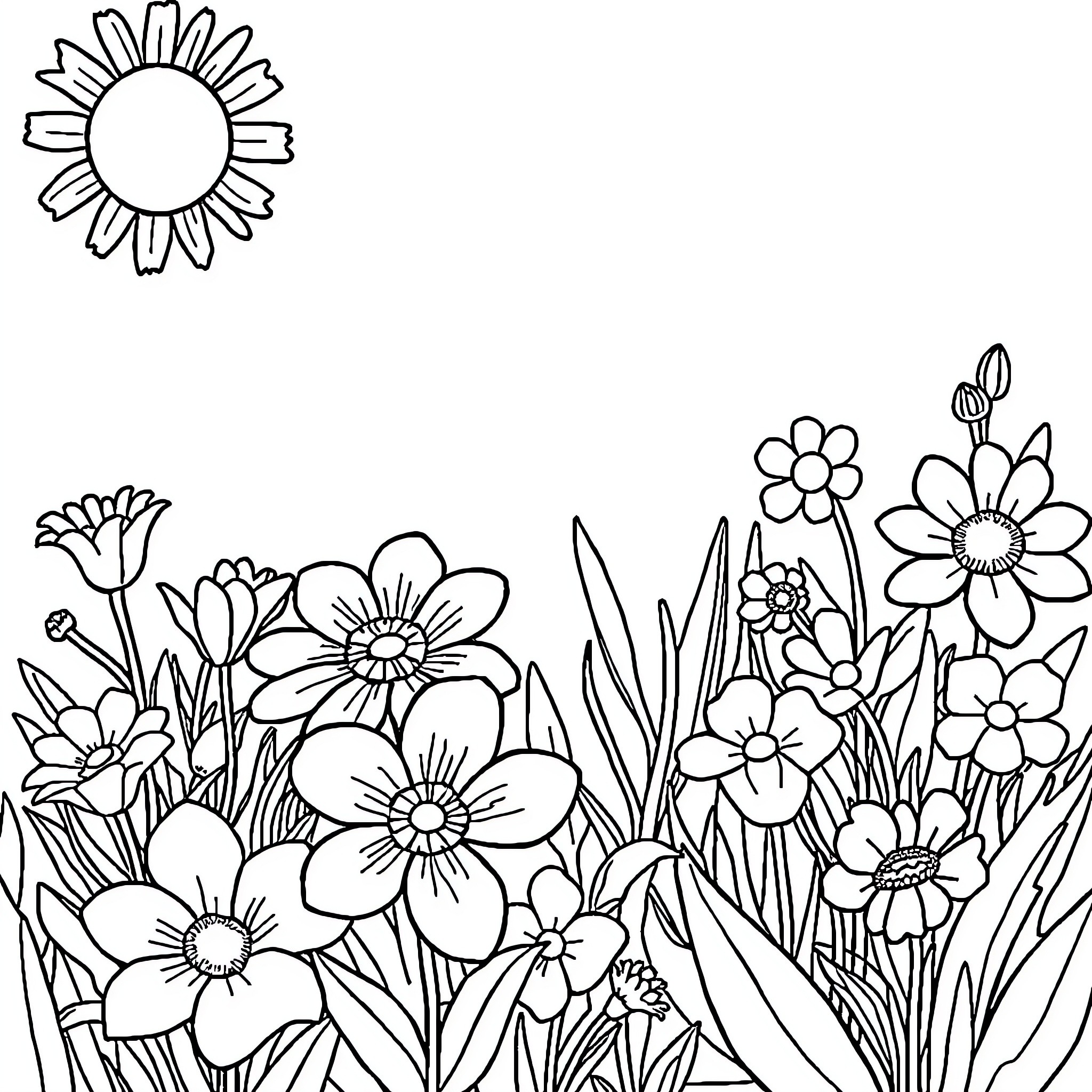 Flower garden with blooming flowers Coloring Page (free black-and-white line drawing printable PDF for all, from beginners to advanced learners, including children, teens, adults, and seniors)