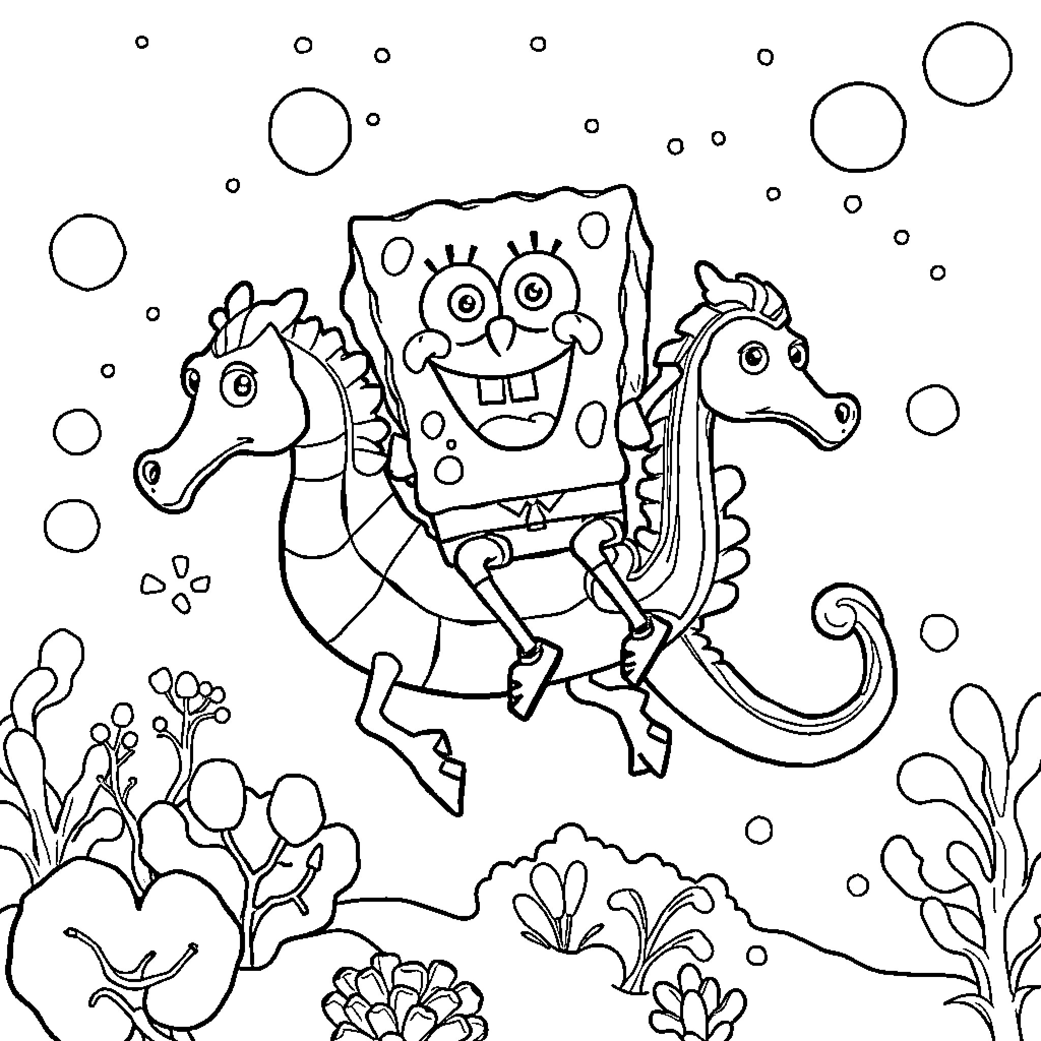 Spongebob riding a seahorse underwater Coloring Page (free black-and-white line drawing printable PDF for all, from beginners to advanced learners, including children, teens, adults, and seniors)