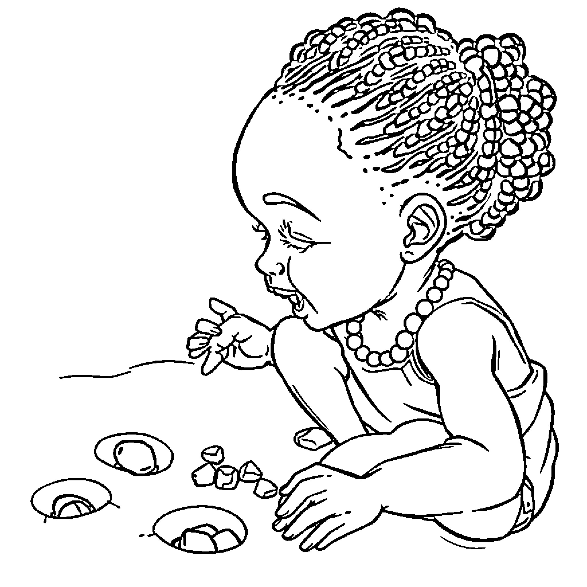 Child playing with toys on the floor Coloring Page (free black-and-white line drawing printable PDF for all, from beginners to advanced learners, including children, teens, adults, and seniors)