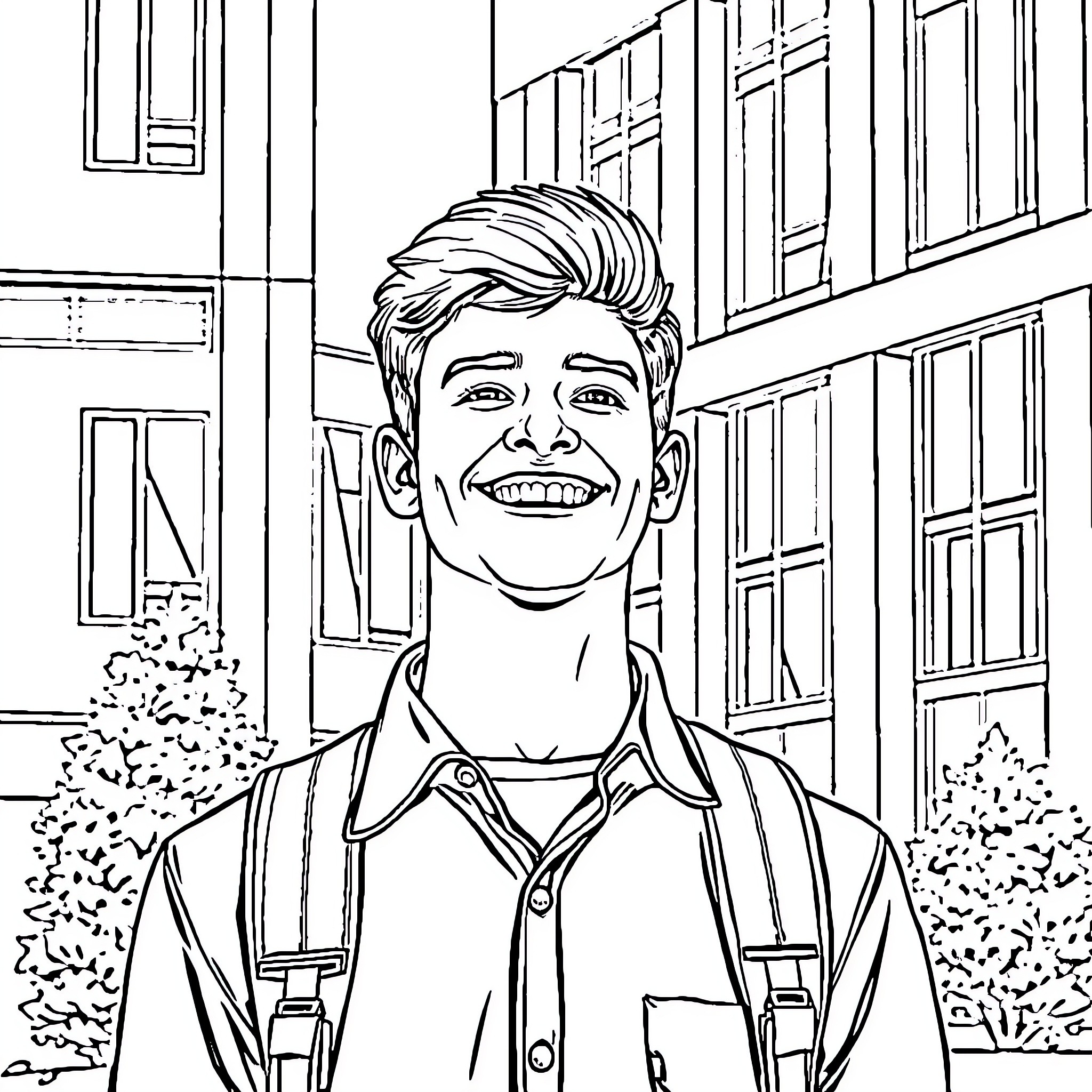 Young Man Smiling Happily in Front of Buildings Coloring Page (free black-and-white line drawing printable PDF for all, from beginners to advanced learners, including children, teens, adults, and seniors)