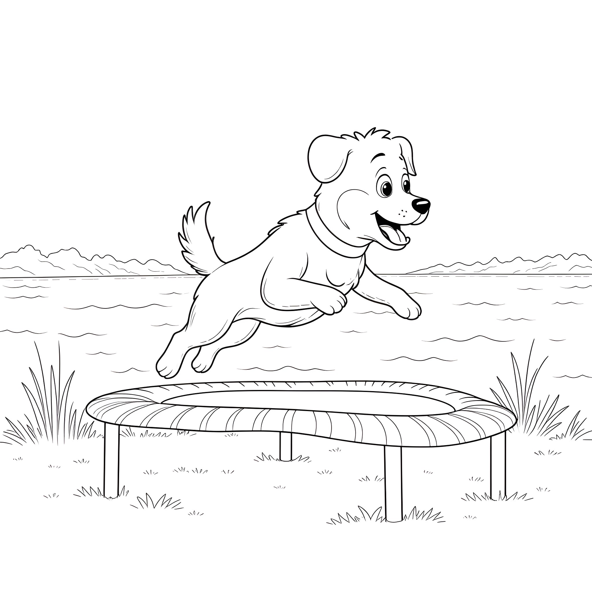 Dog jumping happily on trampoline in the park Coloring Page (free black-and-white line drawing printable PDF for all, from beginners to advanced learners, including children, teens, adults, and seniors)