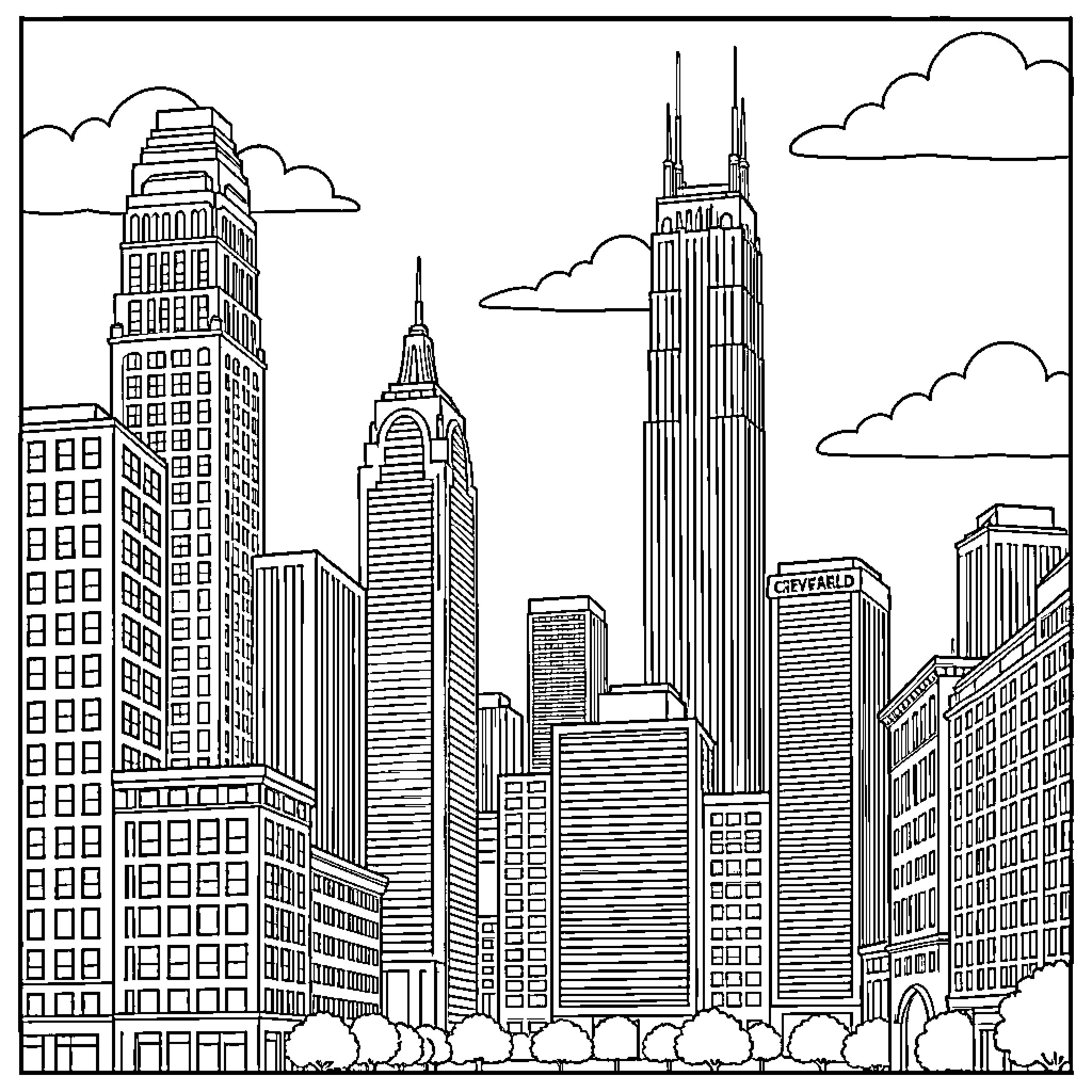 Cleveland Cityscape with Iconic Skyscrapers Coloring Page (free black-and-white line drawing printable PDF for all, from beginners to advanced learners, including children, teens, adults, and seniors)