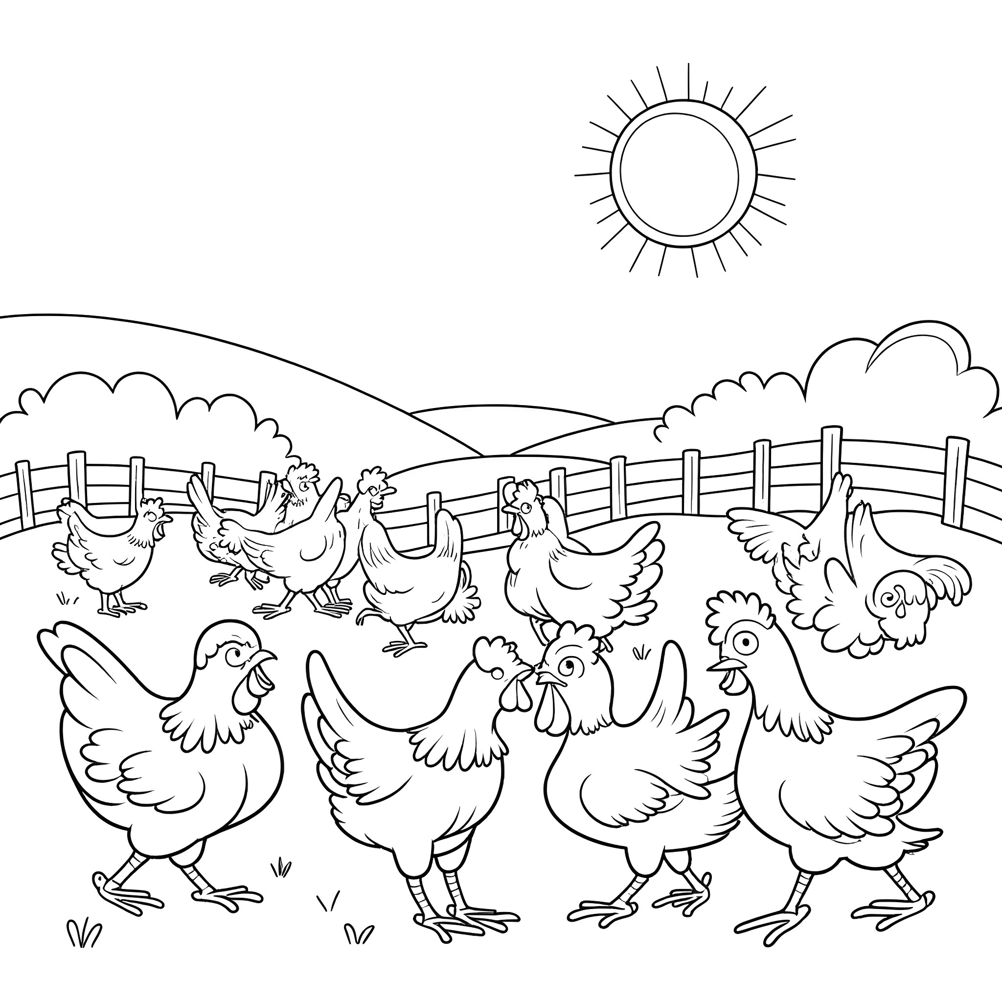 Bluey and friends explore the farmyard Coloring Page (free black-and-white line drawing printable PDF for all, from beginners to advanced learners, including children, teens, adults, and seniors)