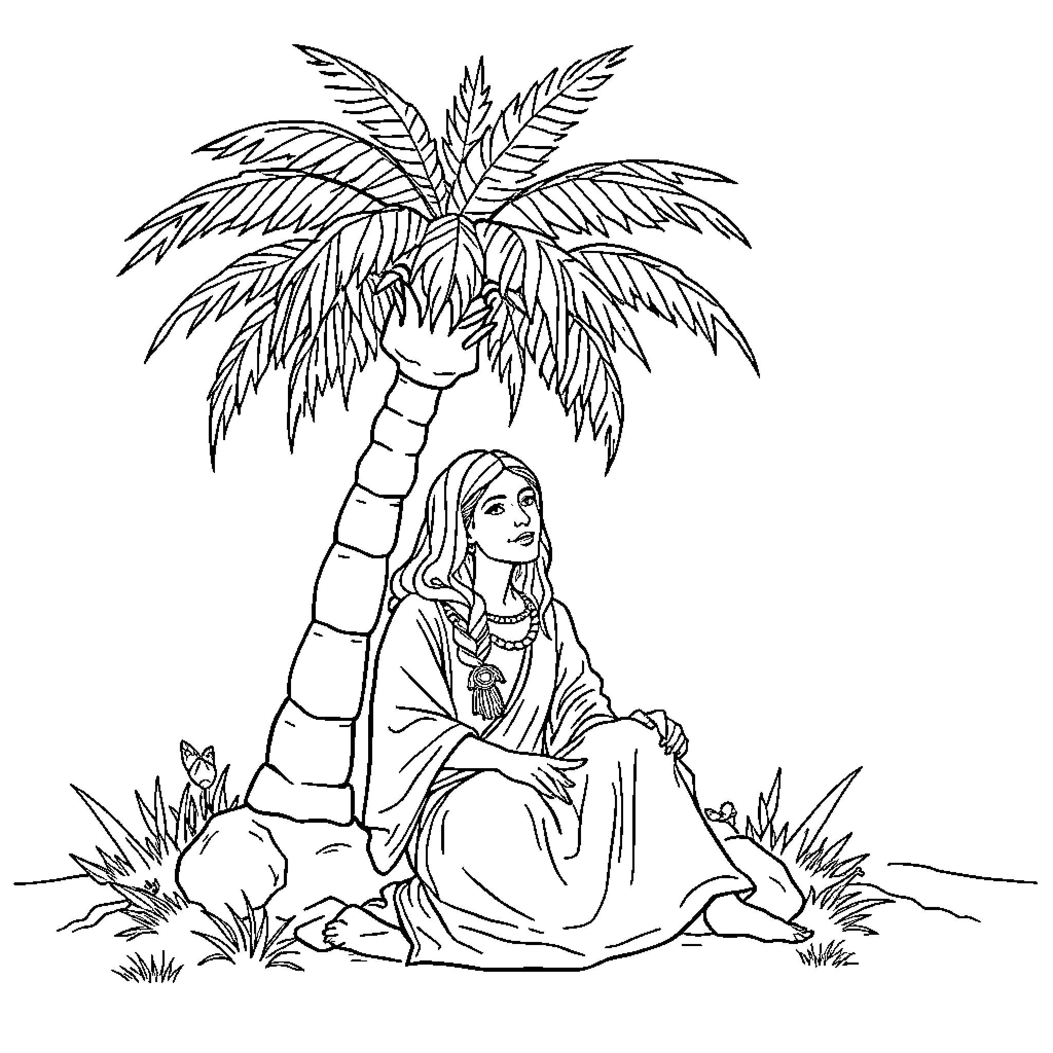 Deborah resting peacefully under a palm tree Coloring Page (free black-and-white line drawing printable PDF for all, from beginners to advanced learners, including children, teens, adults, and seniors)