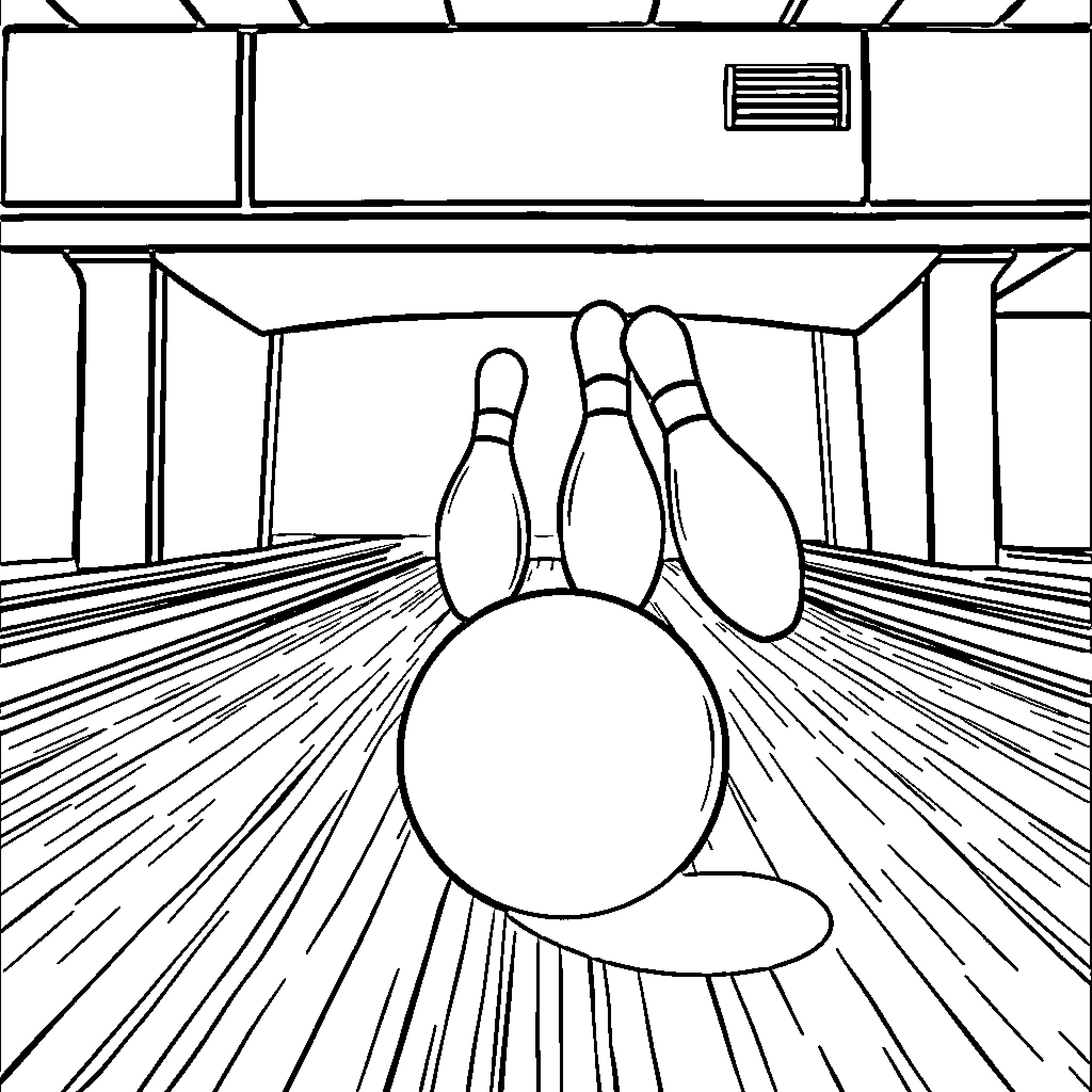 Bowling game with dynamic action Coloring Page (free black-and-white line drawing printable PDF for all, from beginners to advanced learners, including children, teens, adults, and seniors)