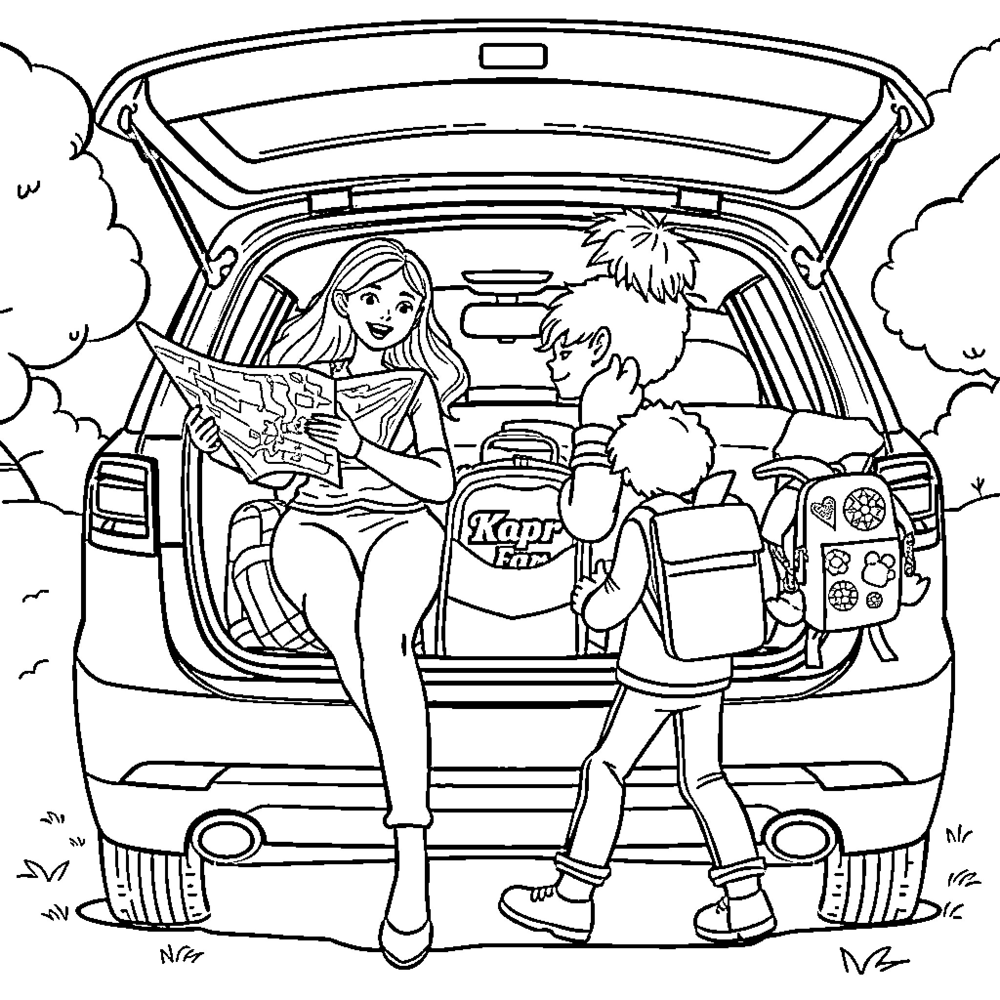 Family preparing for a road trip Coloring Page (free black-and-white line drawing printable PDF for all, from beginners to advanced learners, including children, teens, adults, and seniors)