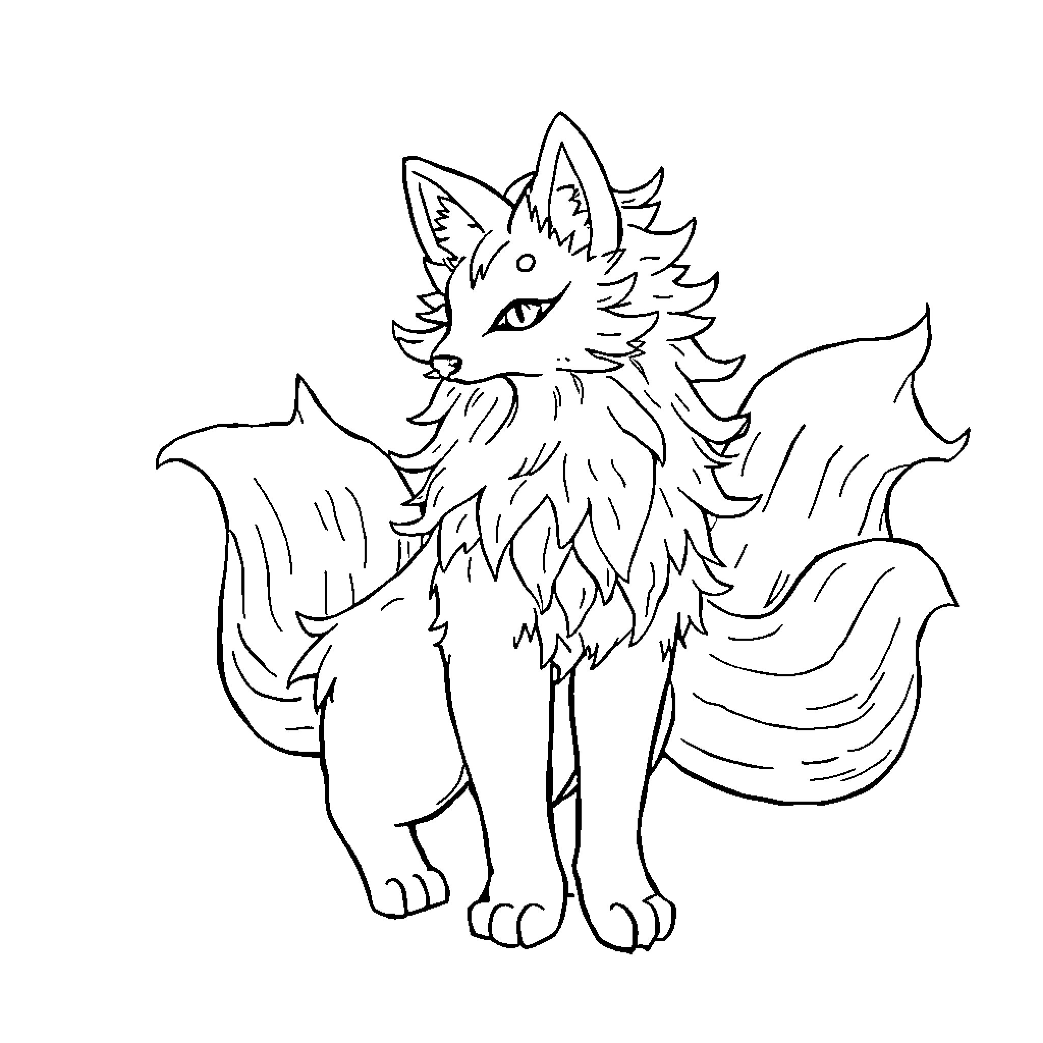 Kitsune Fox Creature with Mystical Appearance Coloring Page (free black-and-white line drawing printable PDF for all, from beginners to advanced learners, including children, teens, adults, and seniors)