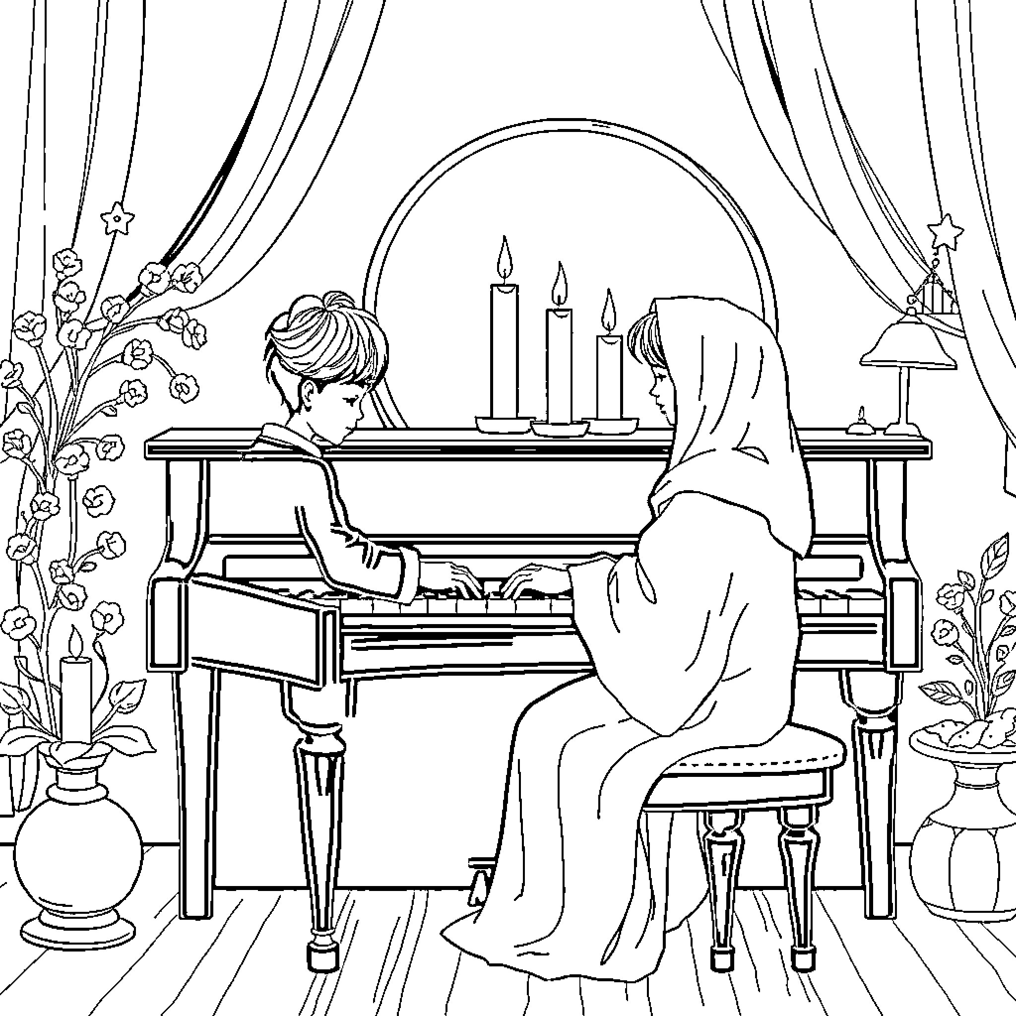 Jinu's Peaceful Piano Performance in Cozy Atmosphere Coloring Page (free black-and-white line drawing printable PDF for all, from beginners to advanced learners, including children, teens, adults, and seniors)