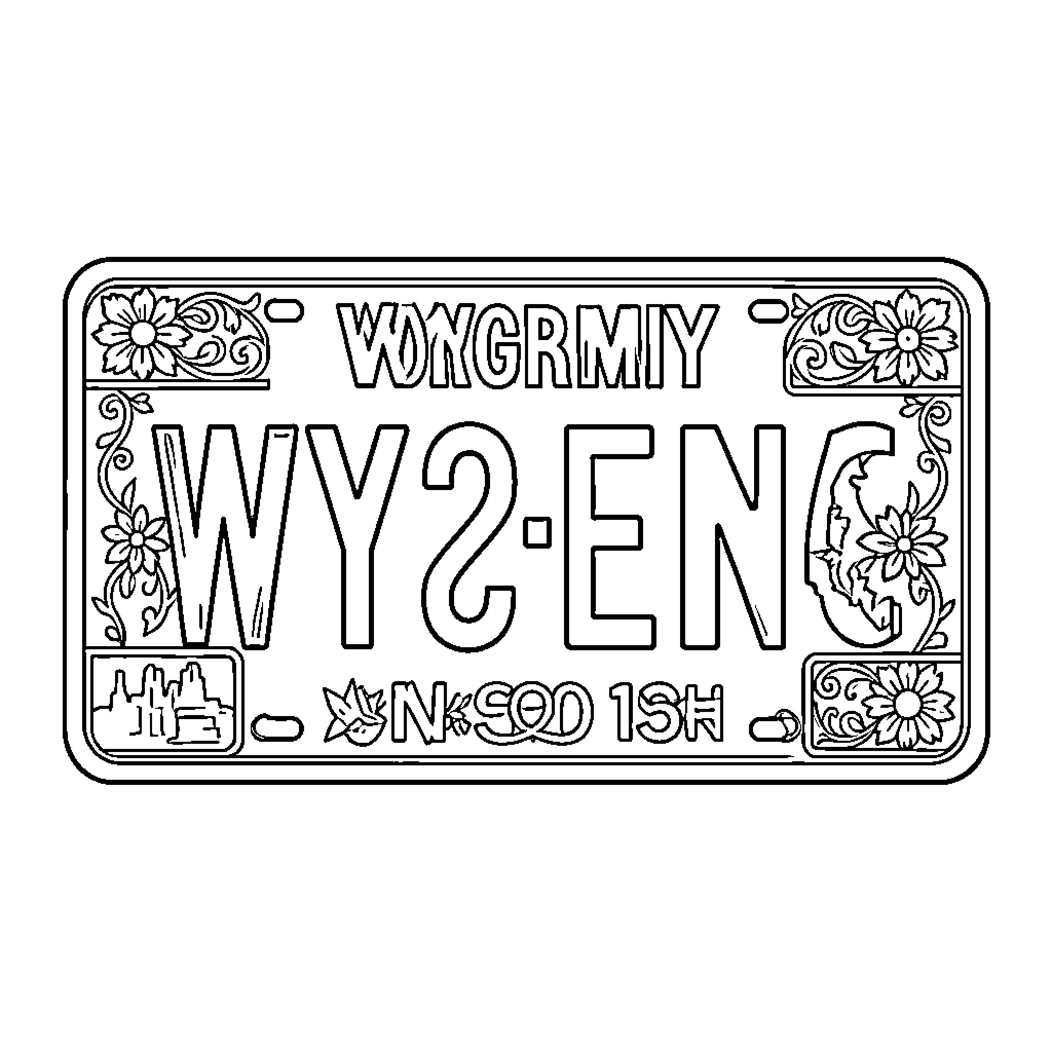 License Plate with Flower Decorations and Personalized Text Coloring Page (free black-and-white line drawing printable PDF for all, from beginners to advanced learners, including children, teens, adults, and seniors)