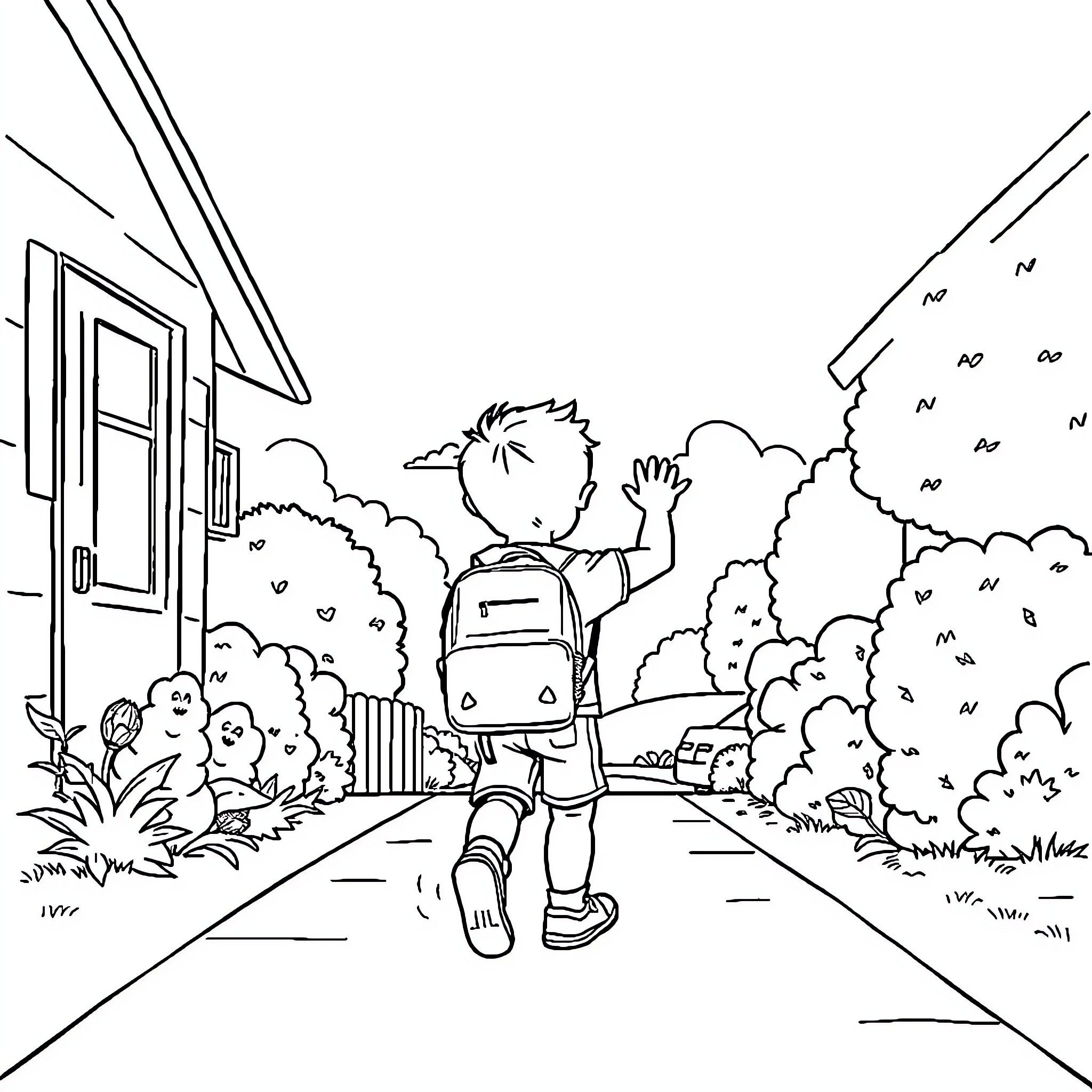 School Student Walking Home from School Coloring Page (free black-and-white line drawing printable PDF for all, from beginners to advanced learners, including children, teens, adults, and seniors)