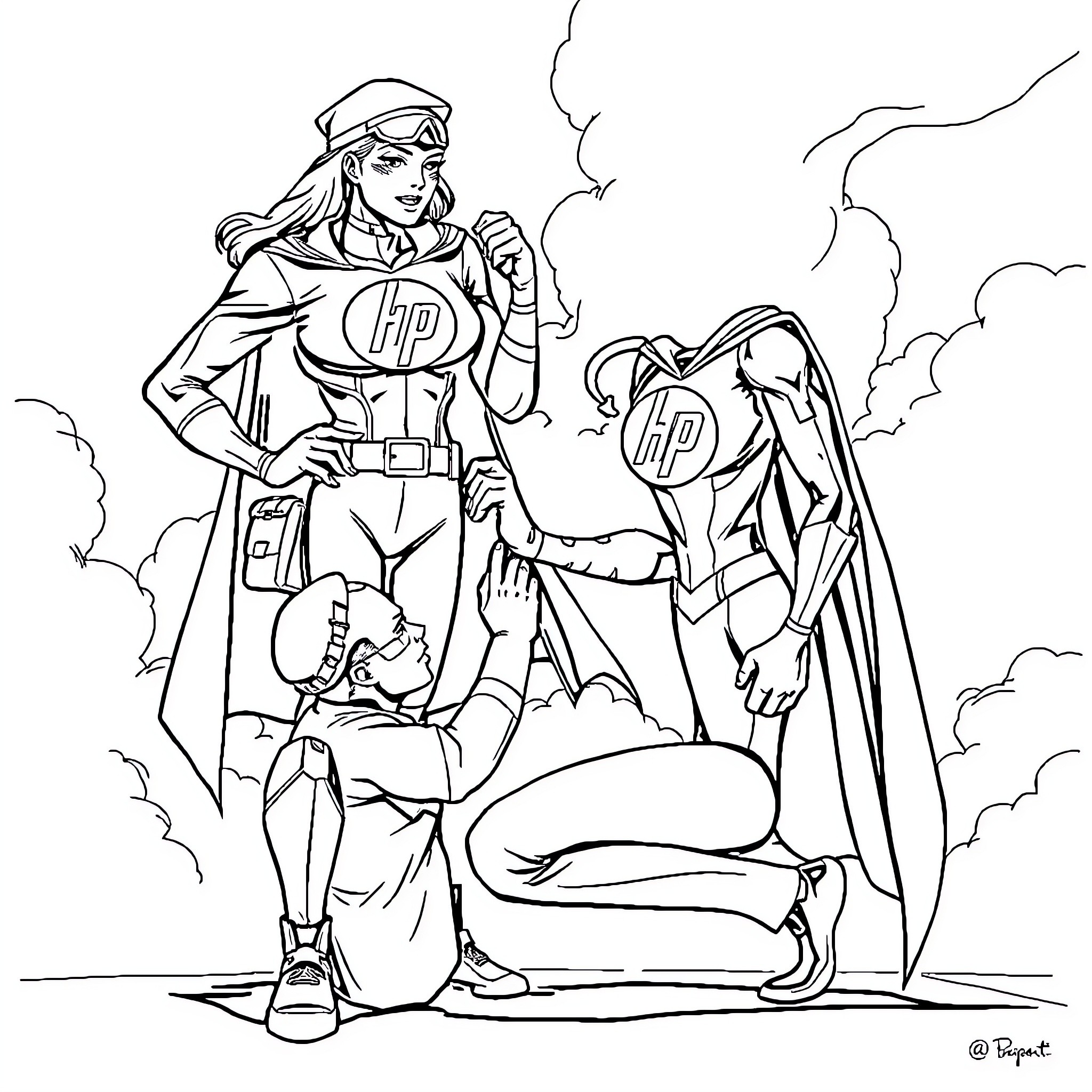 Pilot heroes in action-packed scene Coloring Page (free black-and-white line drawing printable PDF for all, from beginners to advanced learners, including children, teens, adults, and seniors)