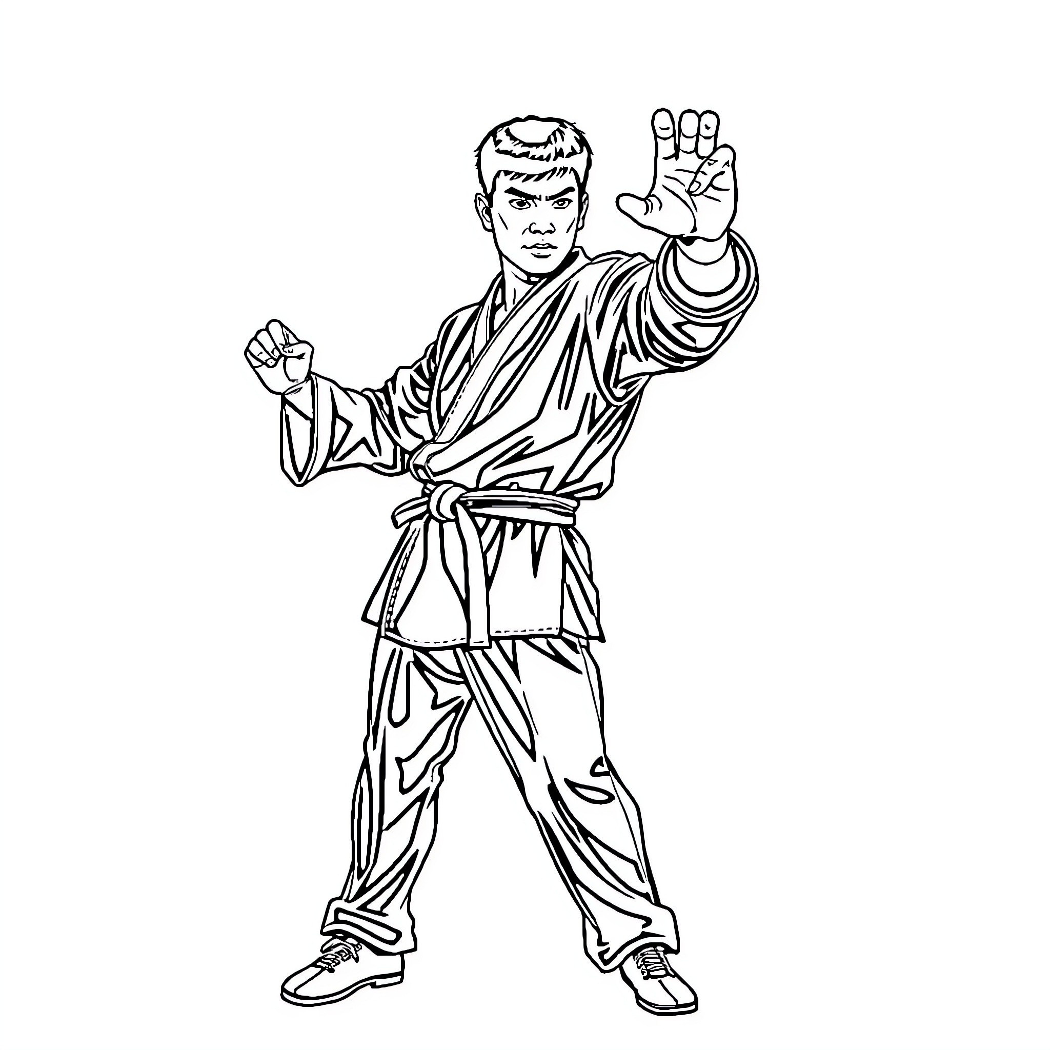 Chung Lee demonstrating martial arts techniques Coloring Page (free black-and-white line drawing printable PDF for all, from beginners to advanced learners, including children, teens, adults, and seniors)