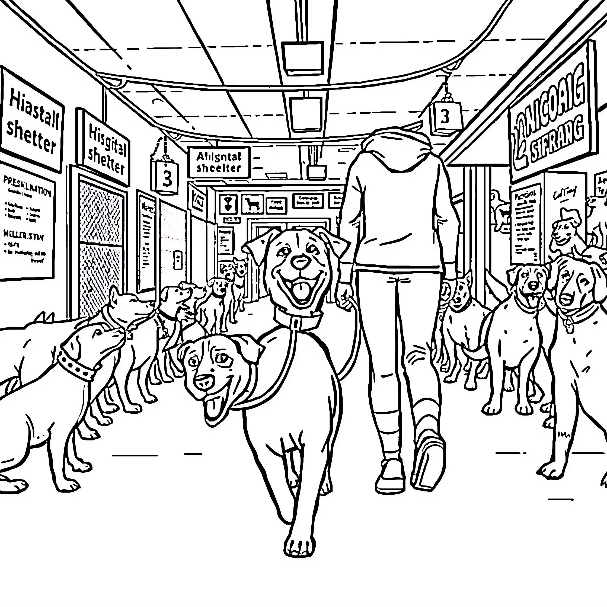 Person walking dogs in busy city street Coloring Page (free black-and-white line drawing printable PDF for all, from beginners to advanced learners, including children, teens, adults, and seniors)