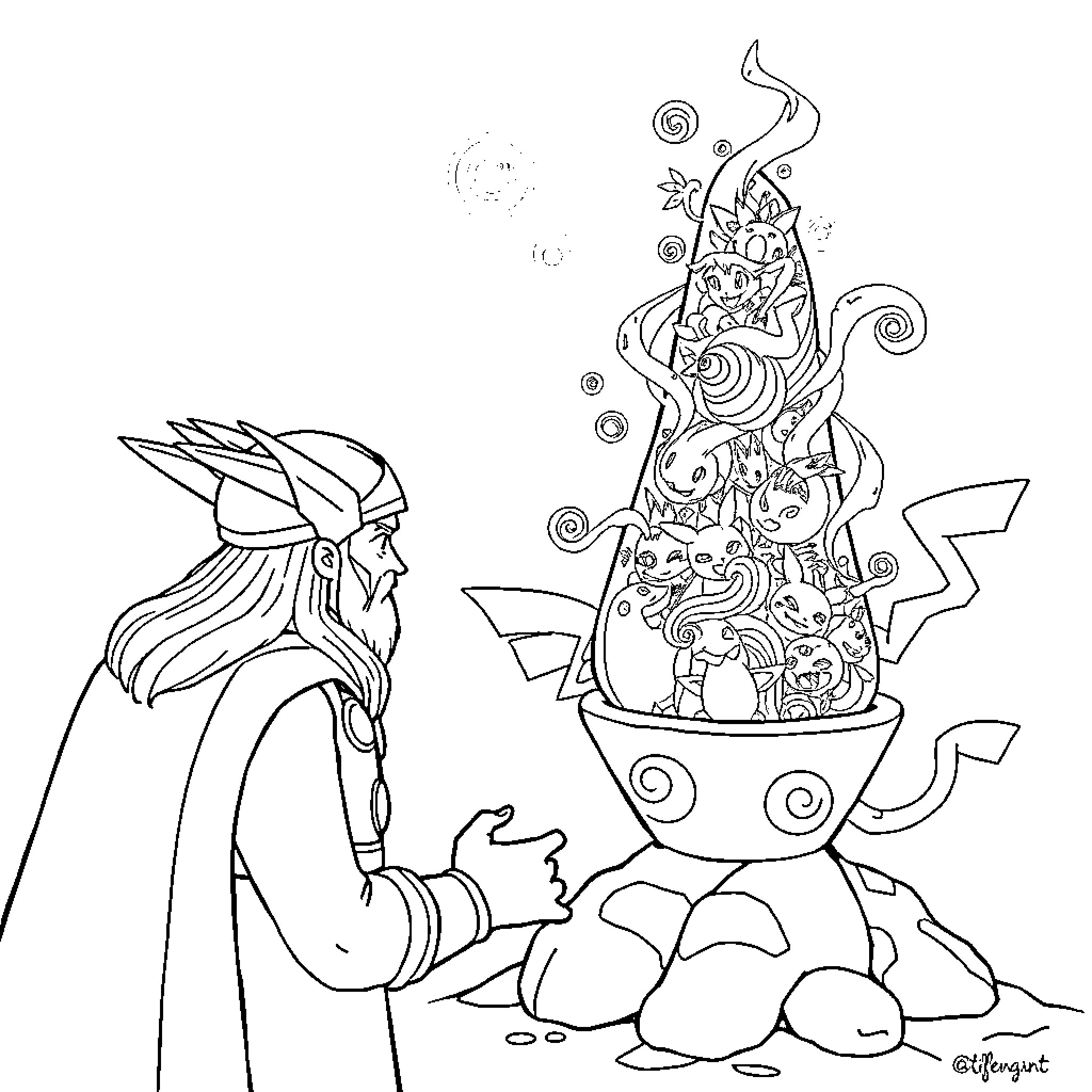 Thor's Fantastical Adventure with Whimsical Creatures Coloring Page (free black-and-white line drawing printable PDF for all, from beginners to advanced learners, including children, teens, adults, and seniors)