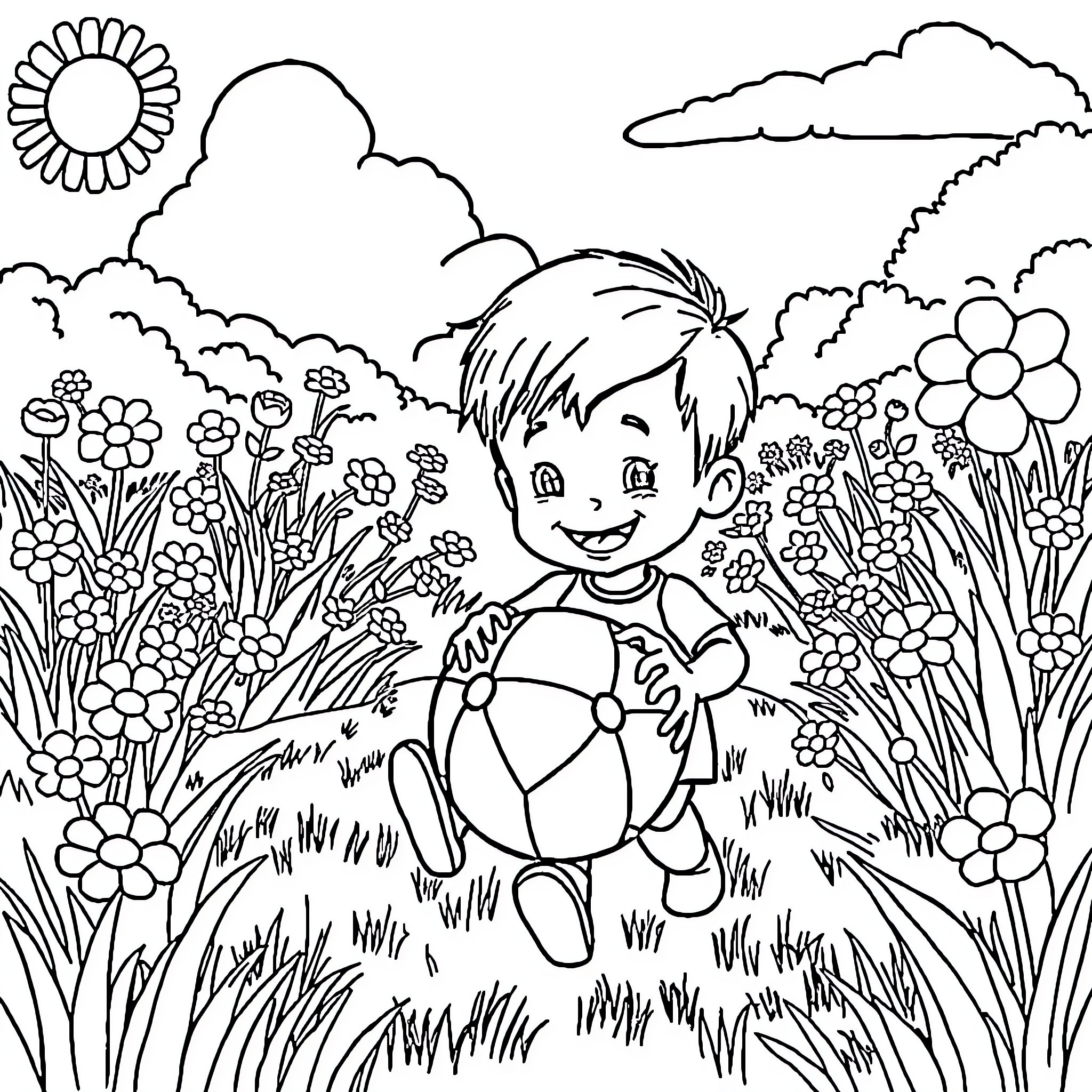 Kid playing happily in a flower garden Coloring Page (free black-and-white line drawing printable PDF for all, from beginners to advanced learners, including children, teens, adults, and seniors)