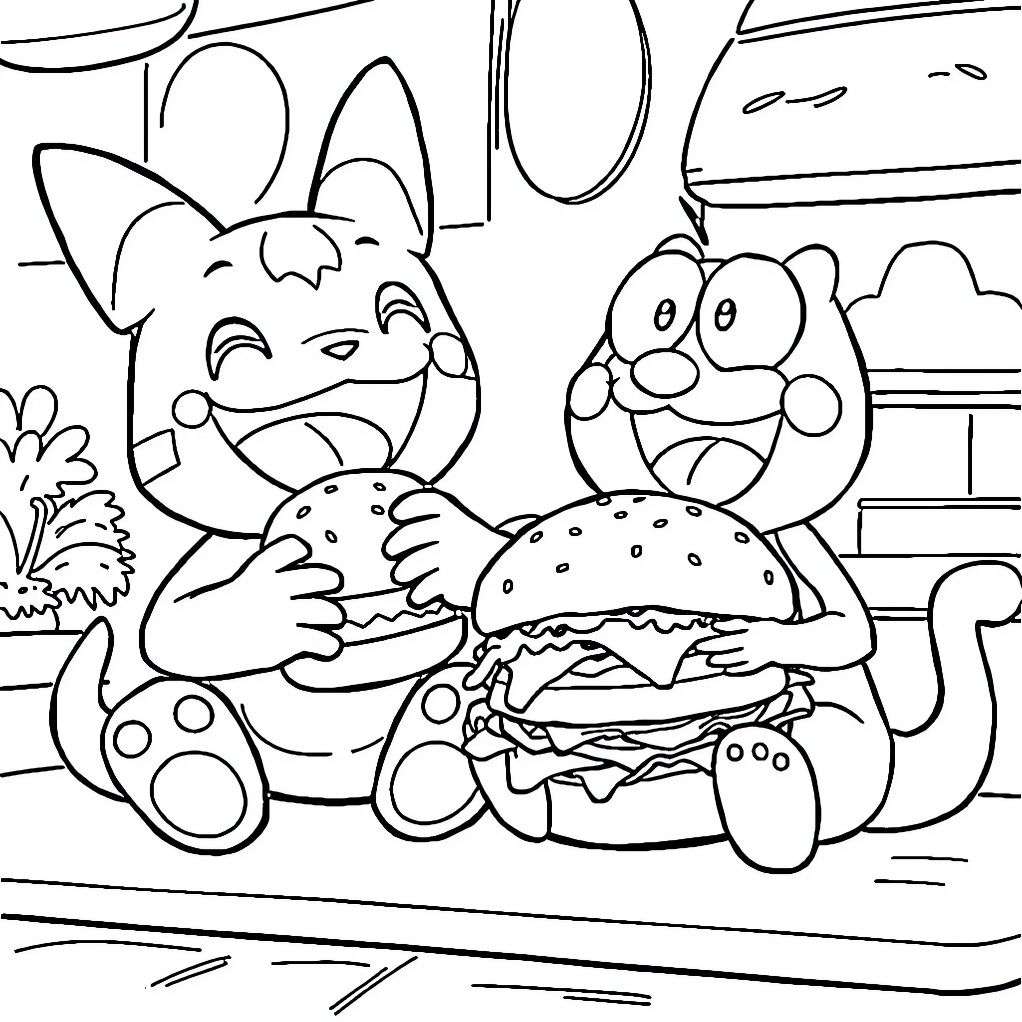 Agumon and friend enjoying a tasty hamburger Coloring Page (free black-and-white line drawing printable PDF for all, from beginners to advanced learners, including children, teens, adults, and seniors)