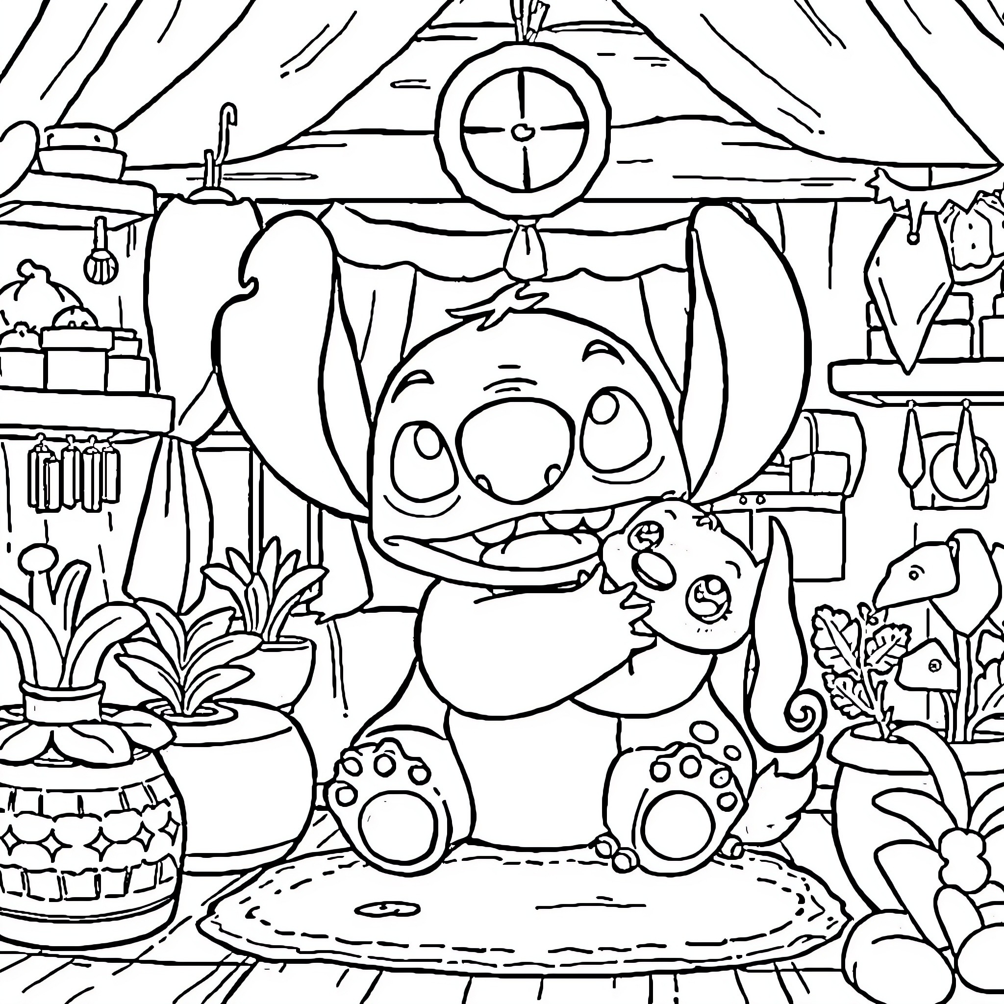 Stitch's Mischievous Adventures in a Cozy Home Coloring Page (free black-and-white line drawing printable PDF for all, from beginners to advanced learners, including children, teens, adults, and seniors)