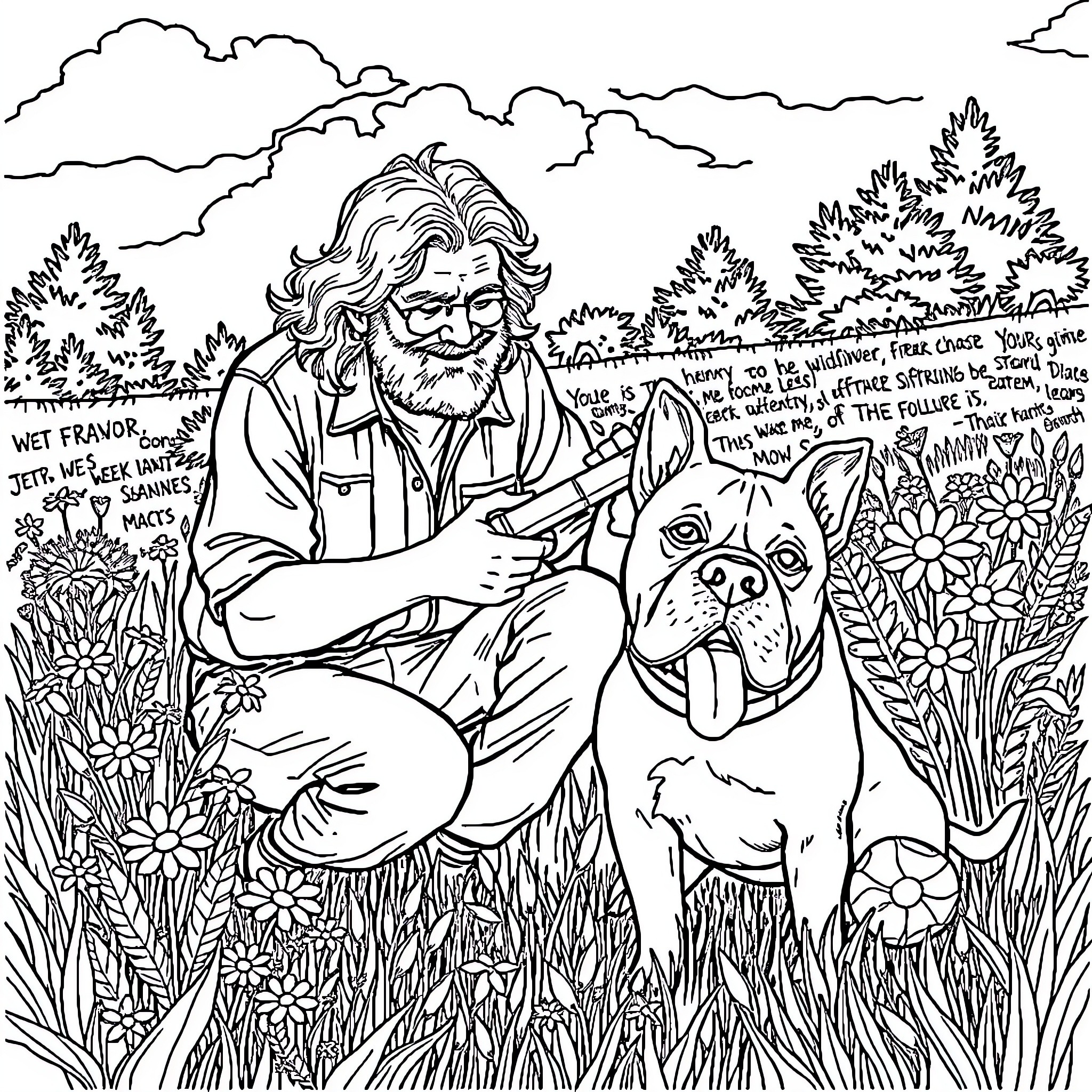 Jerry Garcia enjoying nature with his dog Coloring Page (free black-and-white line drawing printable PDF for all, from beginners to advanced learners, including children, teens, adults, and seniors)