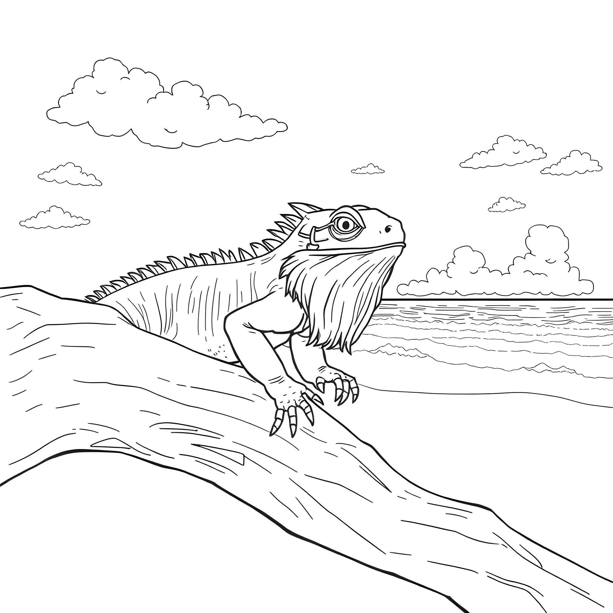 Bearded Dragon exploring the outdoors Coloring Page (free black-and-white line drawing printable PDF for all, from beginners to advanced learners, including children, teens, adults, and seniors)