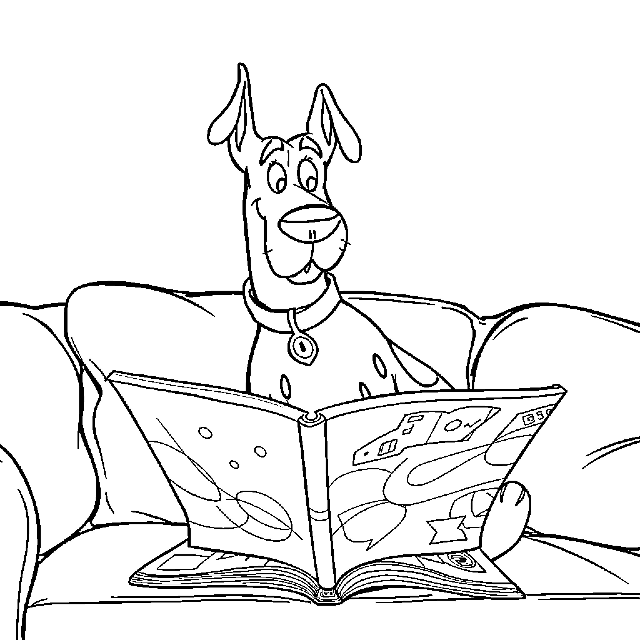 Scooby Doo reading a storybook with enthusiasm Coloring Page (free black-and-white line drawing printable PDF for all, from beginners to advanced learners, including children, teens, adults, and seniors)